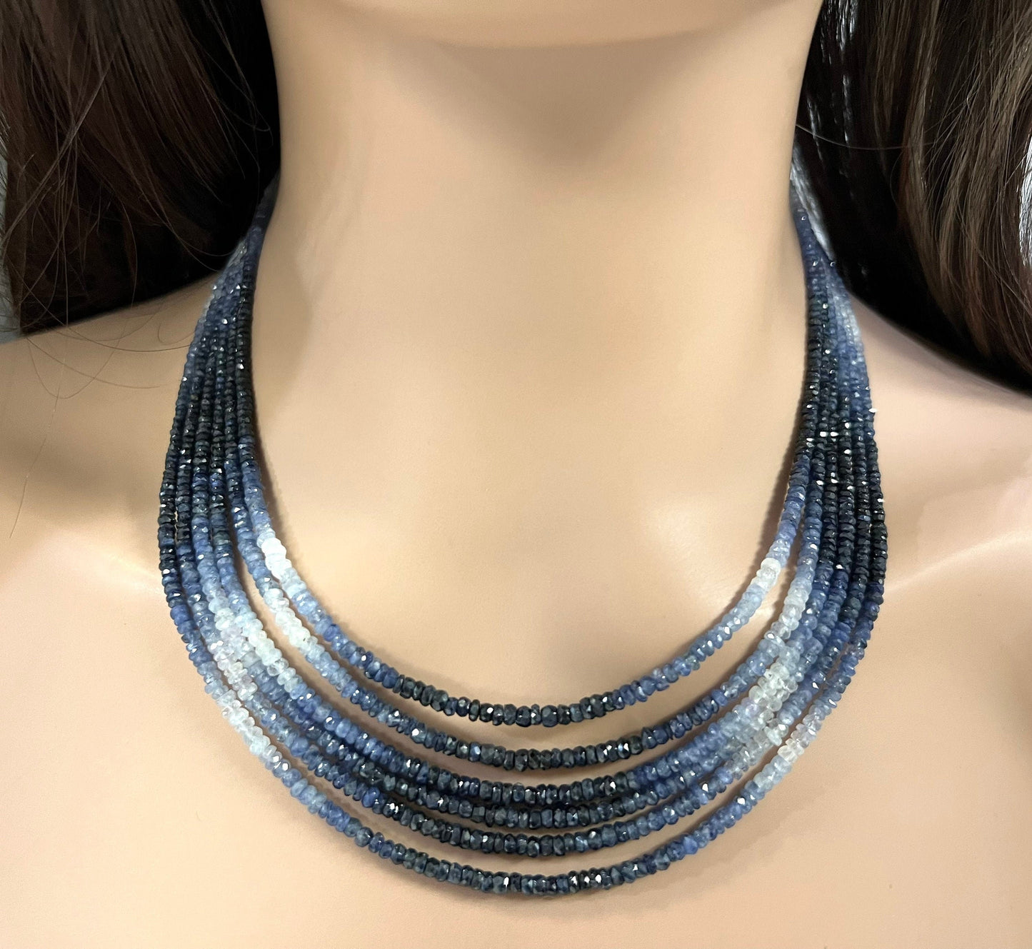 6 line Ombre Sapphire Graduated 2.5-3.5mm Faceted Roundel Necklace. 15&quot;-16&quot; natural sapp Beads Necklace with silver Adjustable Clasp