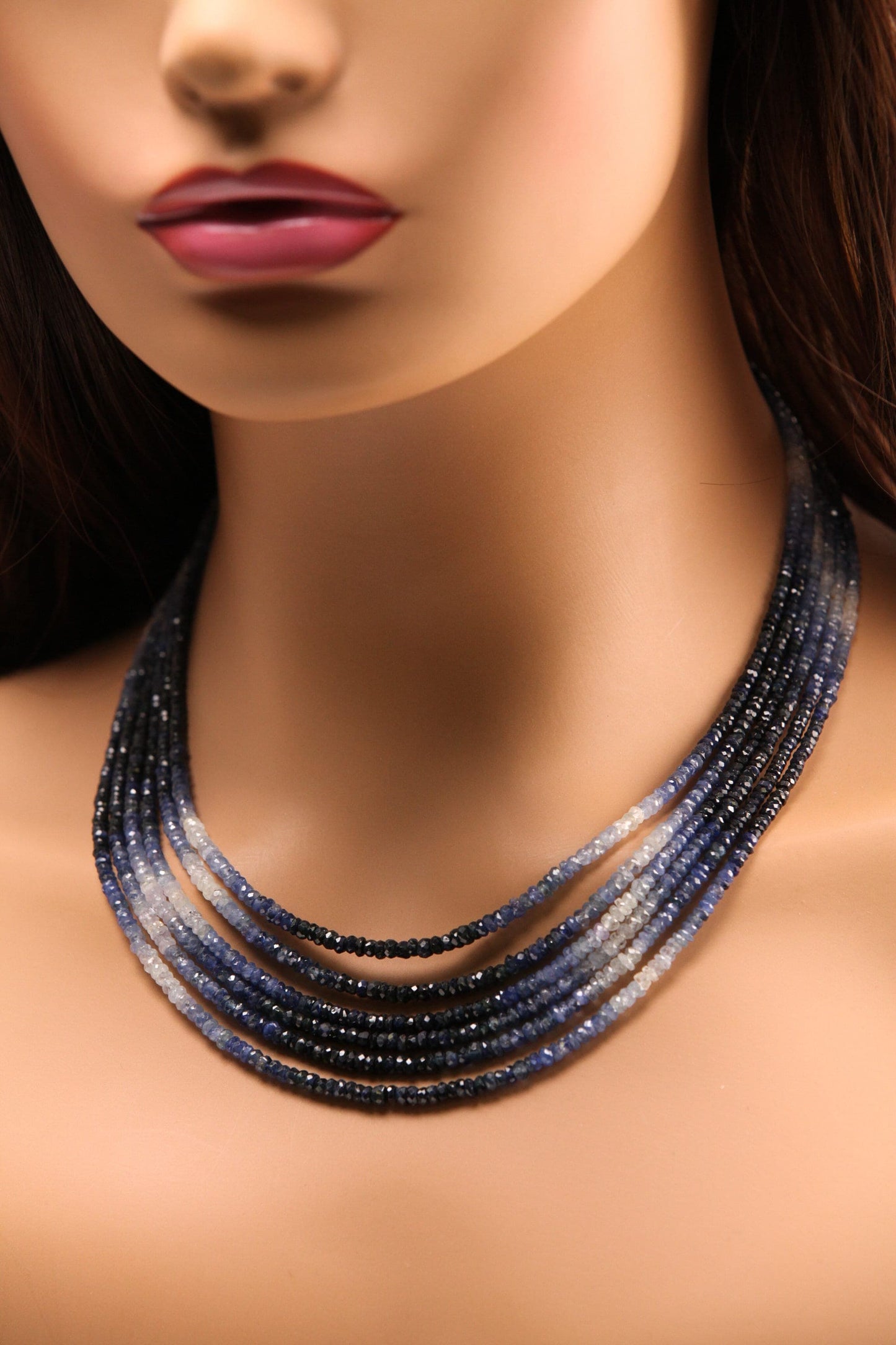 6 line Ombre Sapphire Graduated 2.5-3.5mm Faceted Roundel Necklace. 15&quot;-16&quot; natural sapp Beads Necklace with silver Adjustable Clasp