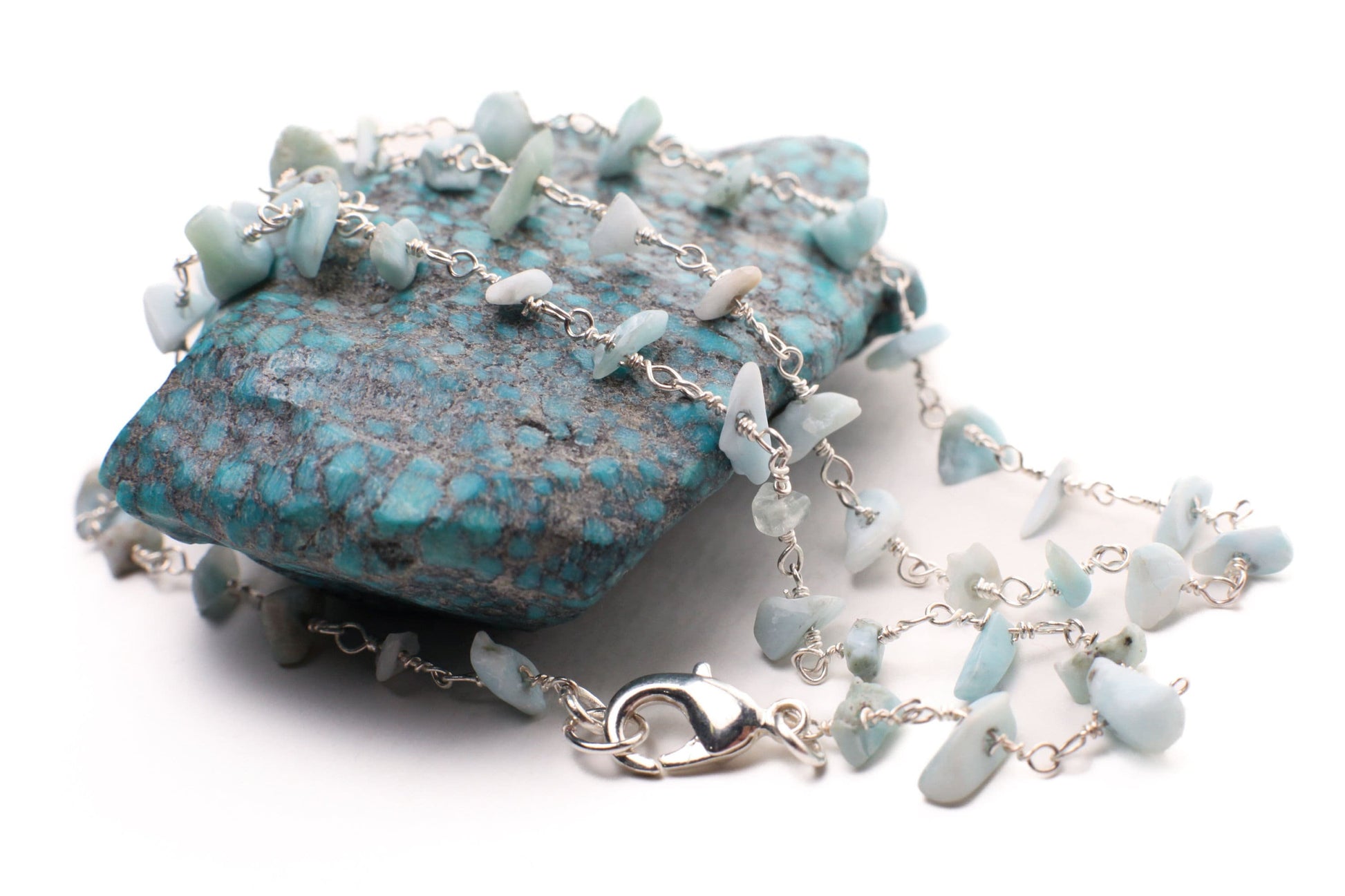 Natural Larimar raw nugget chips silver wire wrapped Gemstone Choker, Layering handmade Necklace Gift, Healing Gem