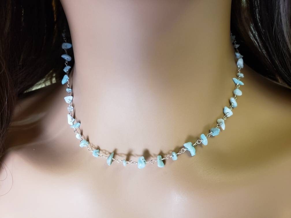 Natural Larimar raw nugget chips silver wire wrapped Gemstone Choker, Layering handmade Necklace Gift, Healing Gem