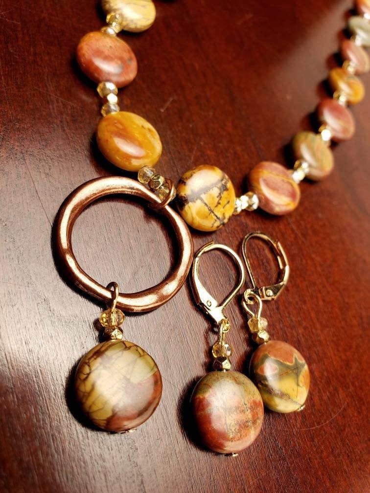 Natural Picasso Jasper 12mm Disk Shape Copper Circle Dangling Pendant 18&quot; Necklace with Matching Gold Earrings Jewelry Set