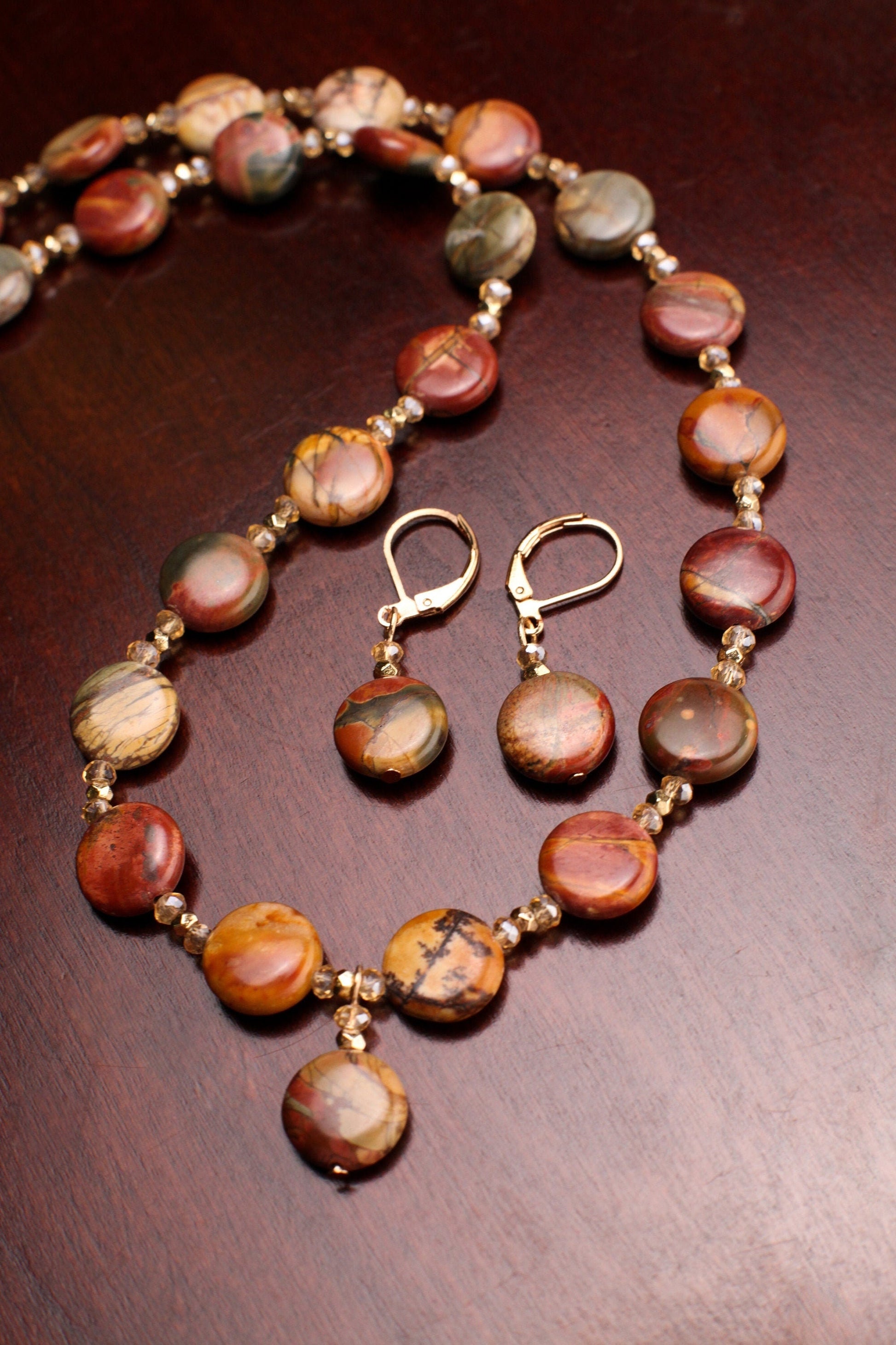 Natural Picasso Jasper 12mm Disk Shape Copper Circle Dangling Pendant 18&quot; Necklace with Matching Gold Earrings Jewelry Set