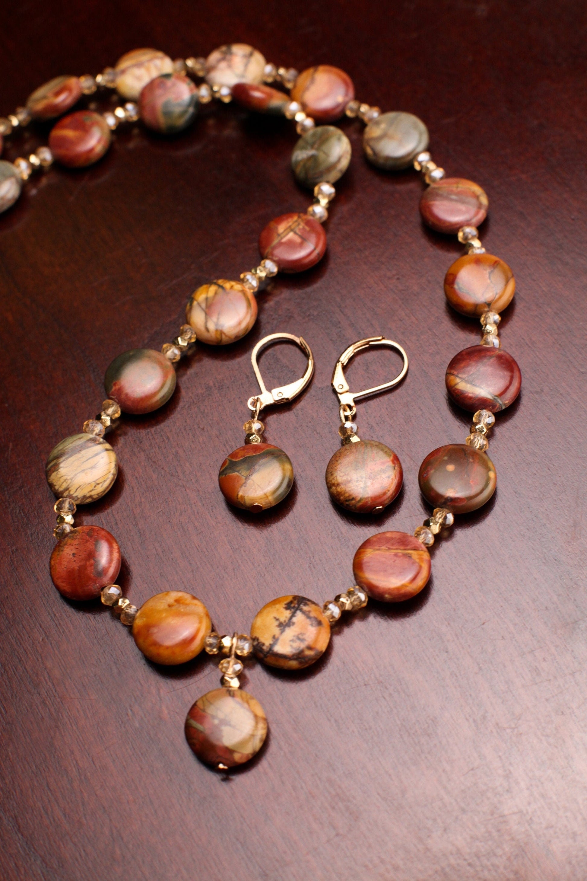 Natural Picasso Jasper 12mm Disk Shape Copper Circle Dangling Pendant 18" Necklace with Matching Gold Earrings Jewelry Set