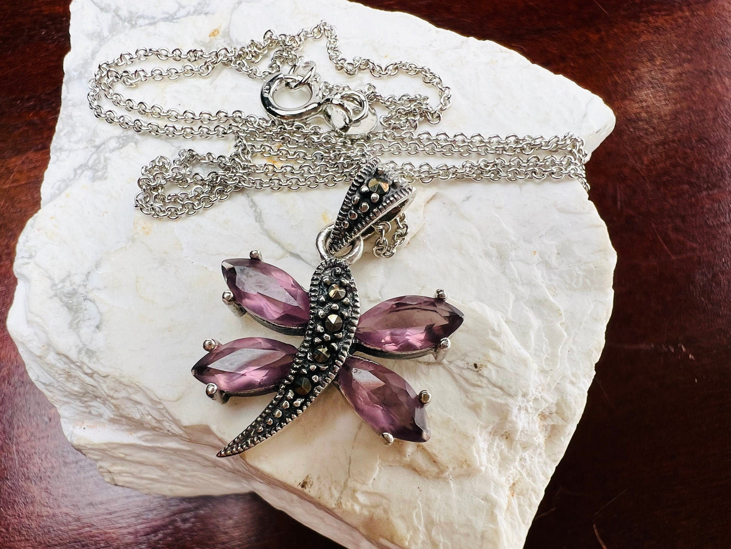 Marcasite 925 Sterling Pink Amethyst Dragonfly Pendant Necklace with Rhodium Non Tarnish Sterling Silver Chain, Vintage, Antique gift