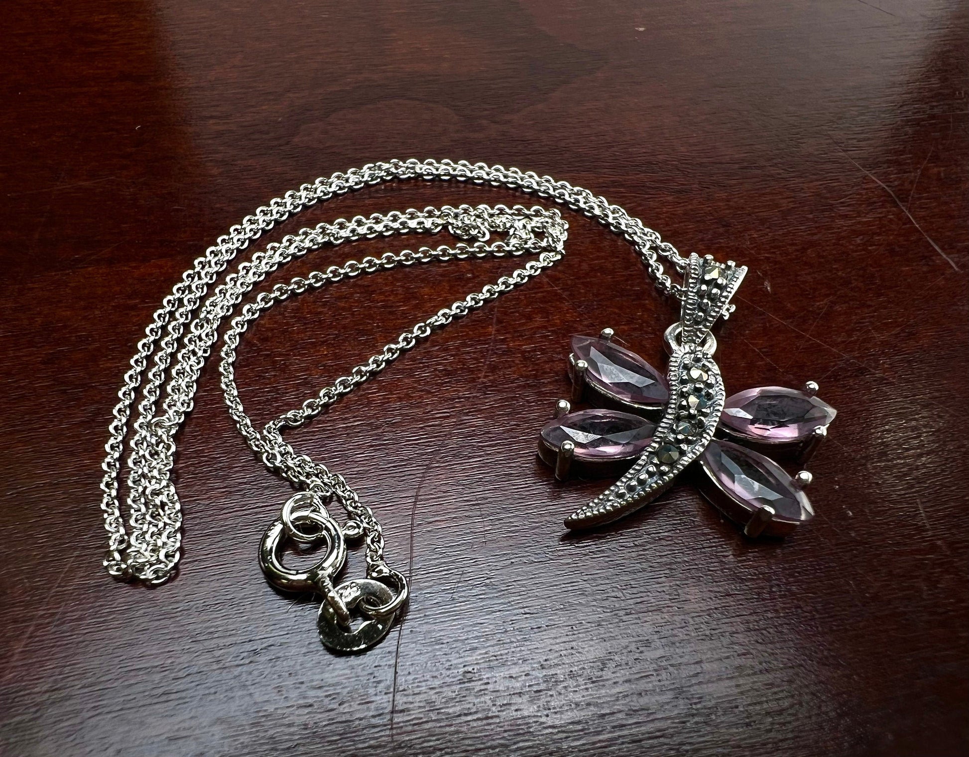 Marcasite 925 Sterling Pink Amethyst Dragonfly Pendant Necklace with Rhodium Non Tarnish Sterling Silver Chain, Vintage, Antique gift