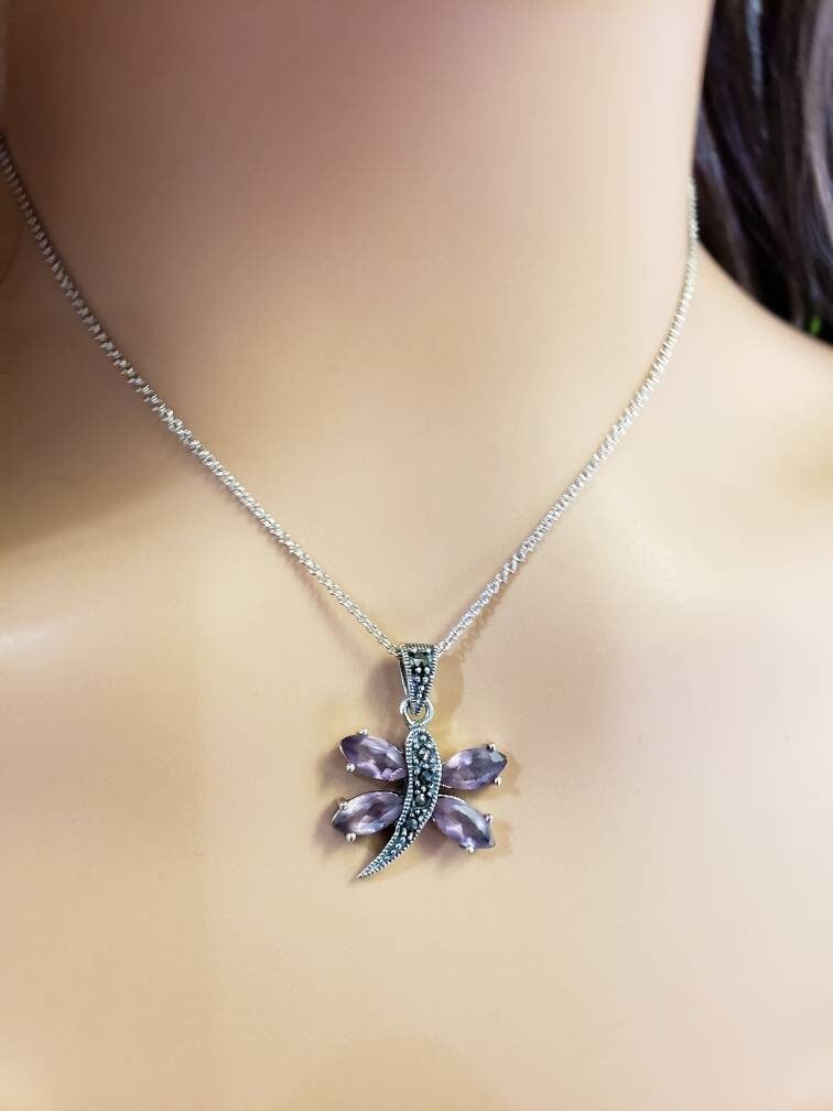 Marcasite 925 Sterling Pink Amethyst Dragonfly Pendant Necklace with Rhodium Non Tarnish Sterling Silver Chain, Vintage, Antique gift