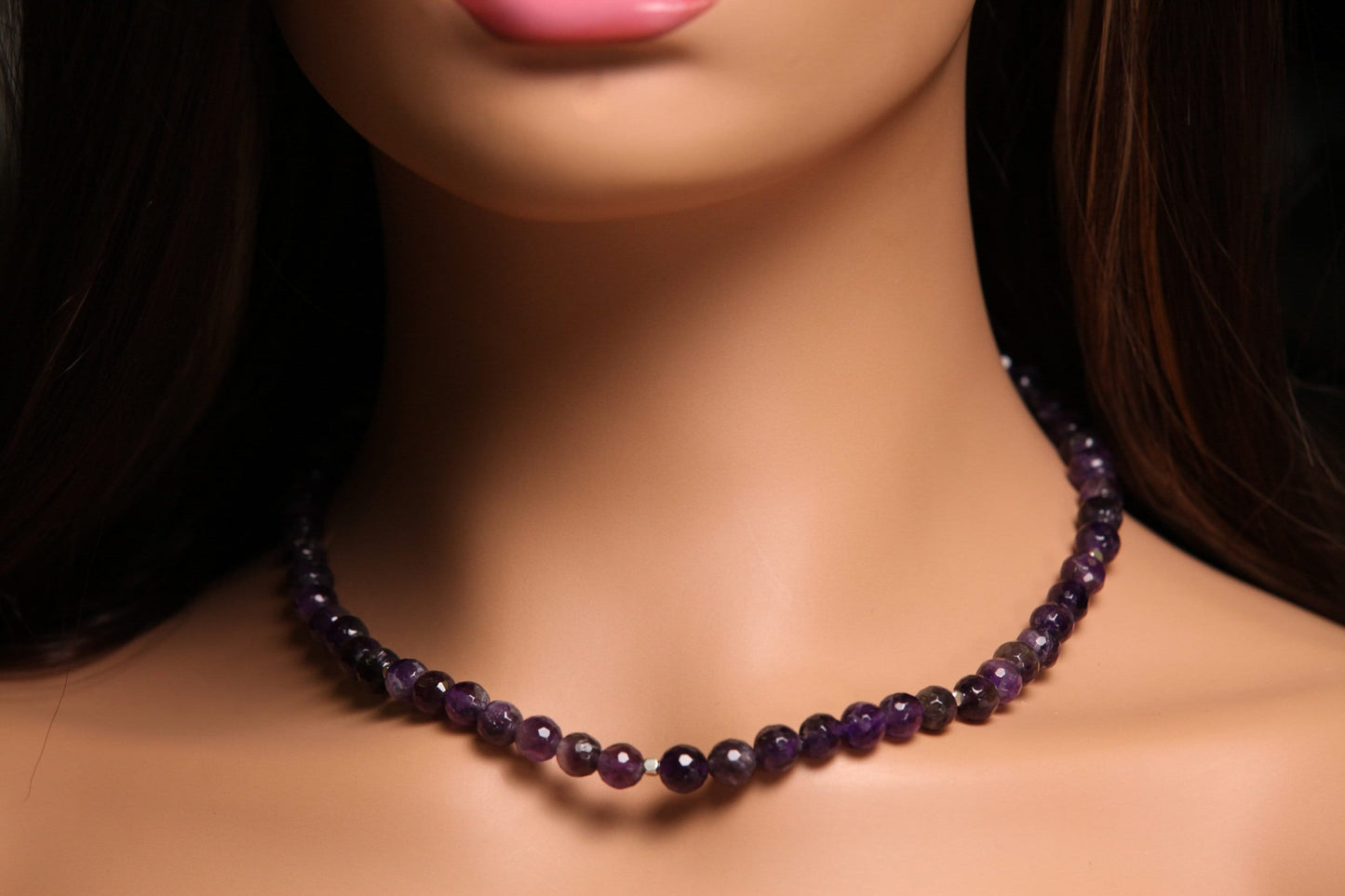 Natural Amethyst Purple 8mm Faceted Round beaded Choker, Layering Necklace, February birthstone 14&quot;- 30&quot;