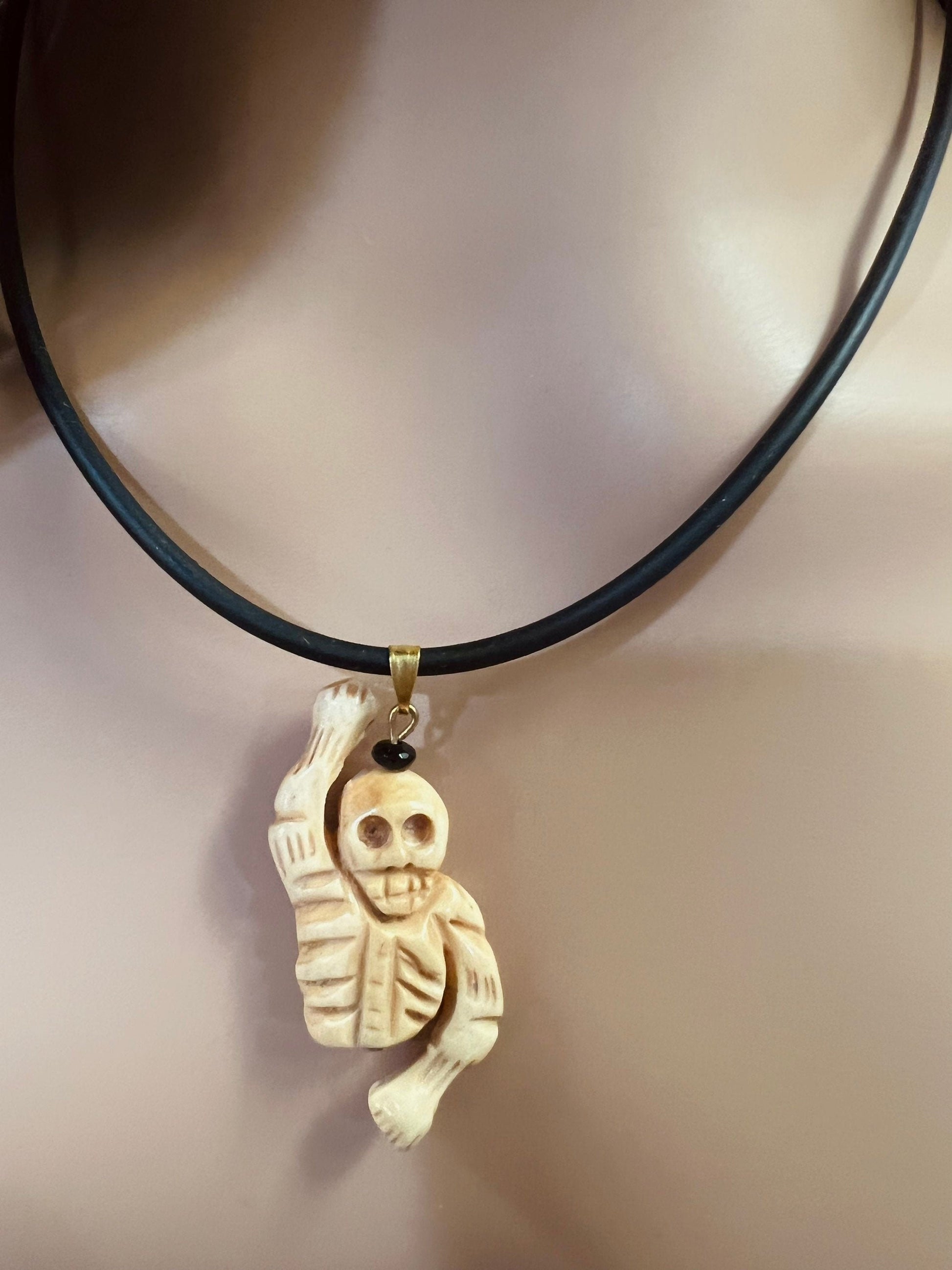 Carved Buffalo Bone Hand Craved Skeleton Polished Bead Charm with black leather choker necklace,Halloween Art Deco