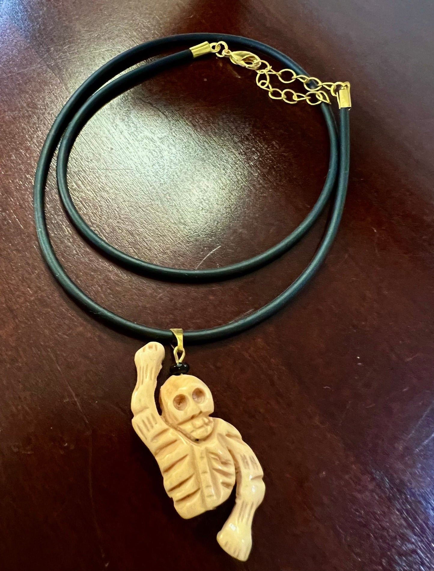 Carved Buffalo Bone Hand Craved Skeleton Polished Bead Charm with black leather choker necklace,Halloween Art Deco