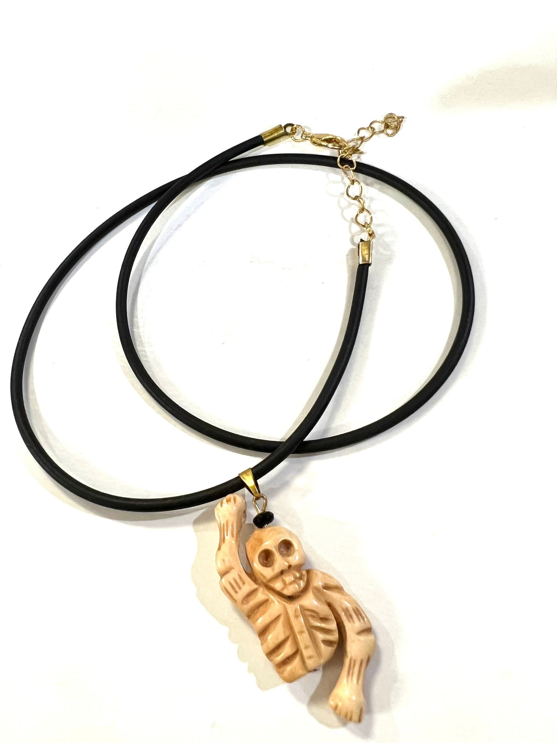 Carved Buffalo Bone Hand Craved Skeleton Polished Bead Charm with black leather choker necklace,Halloween Art Deco