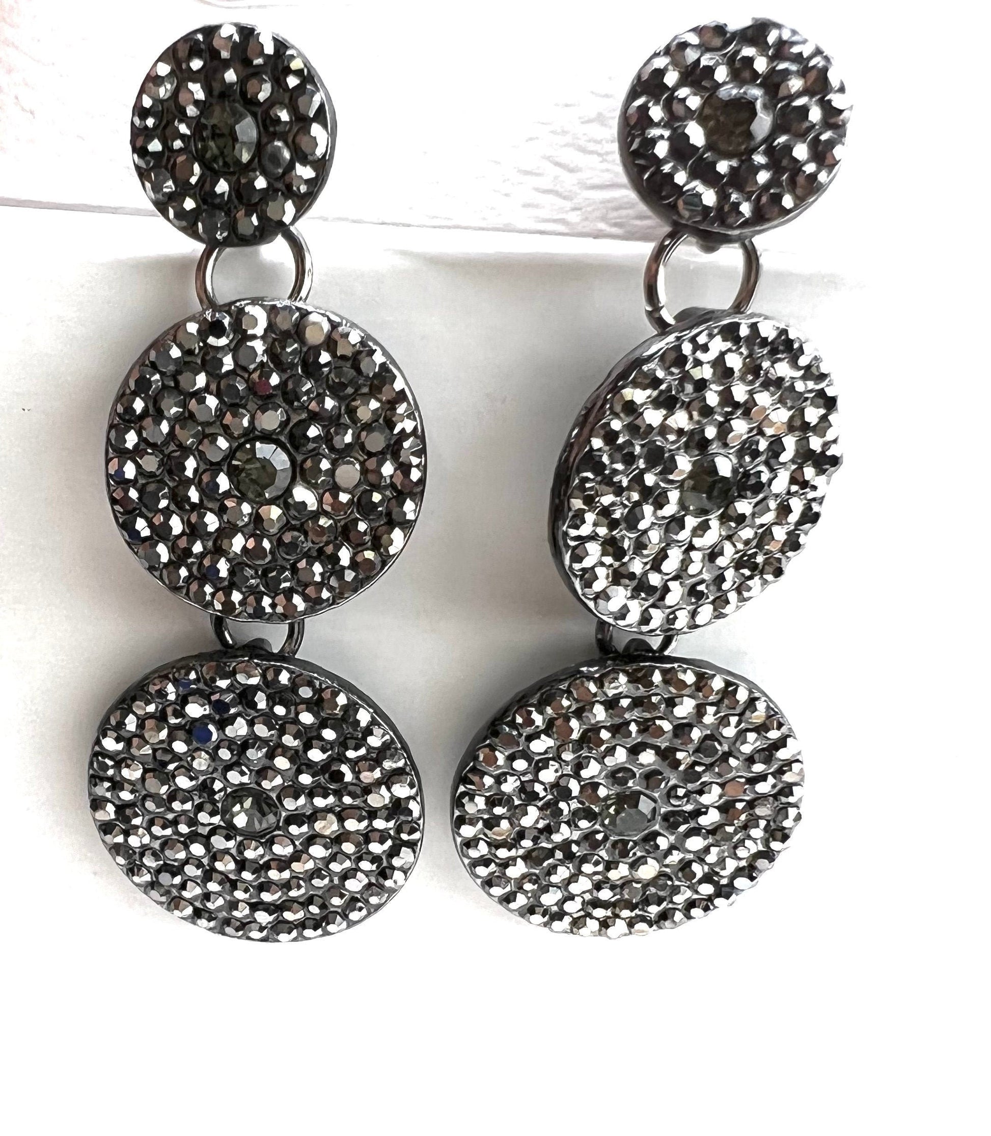 Marcasite Style black Crystal Earrings Post with Dangle 3 circle Venetian Earrings, evening wear , party elegant Gift for her