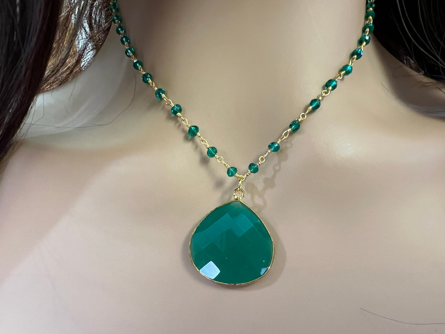 Genuine Green Onyx Bezel Teardrop Pendant with matching beaded wire wrapped rosary chain Necklace. Gift for her