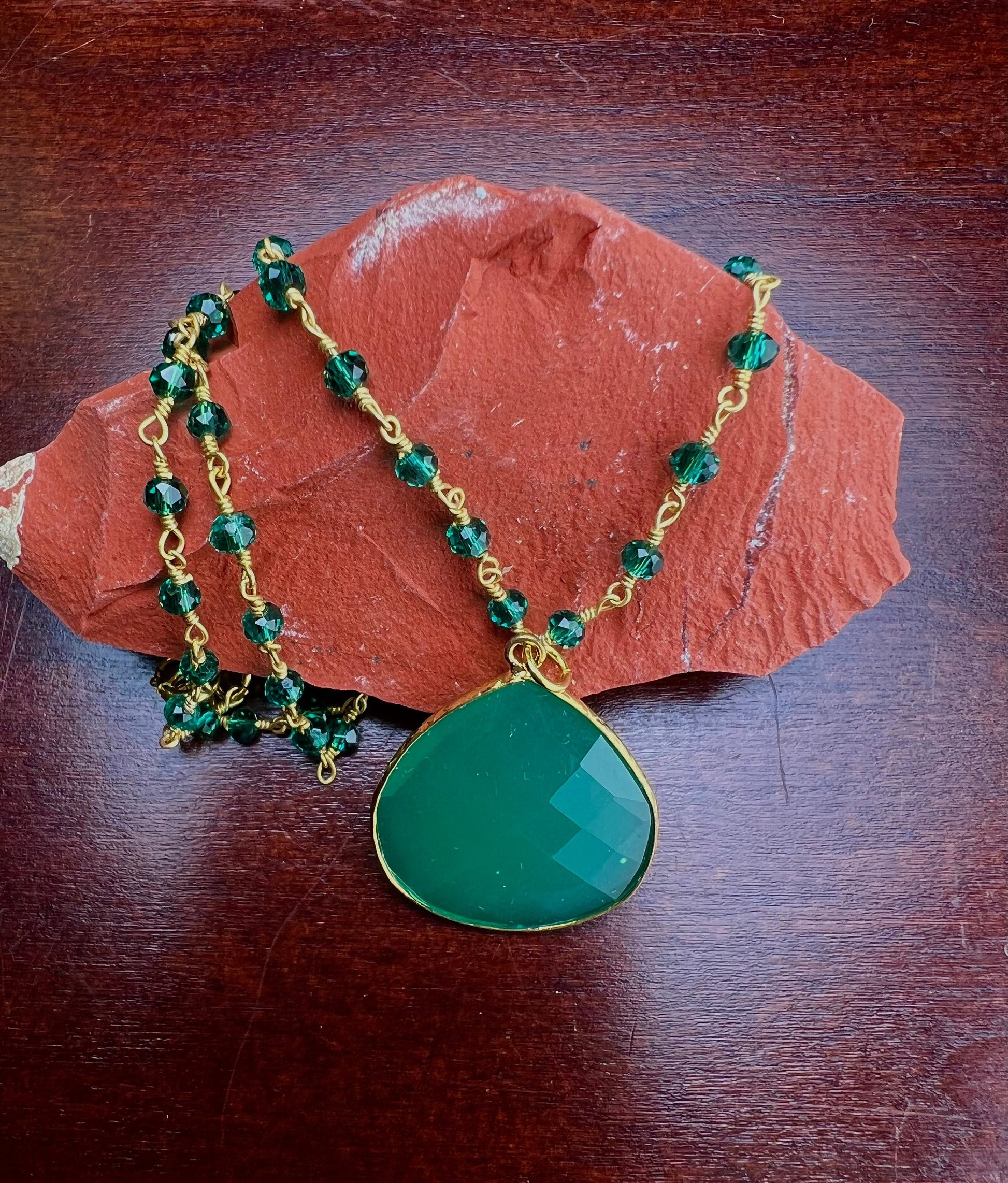 Genuine Green Onyx Bezel Teardrop Pendant with matching beaded wire wrapped rosary chain Necklace. Gift for her