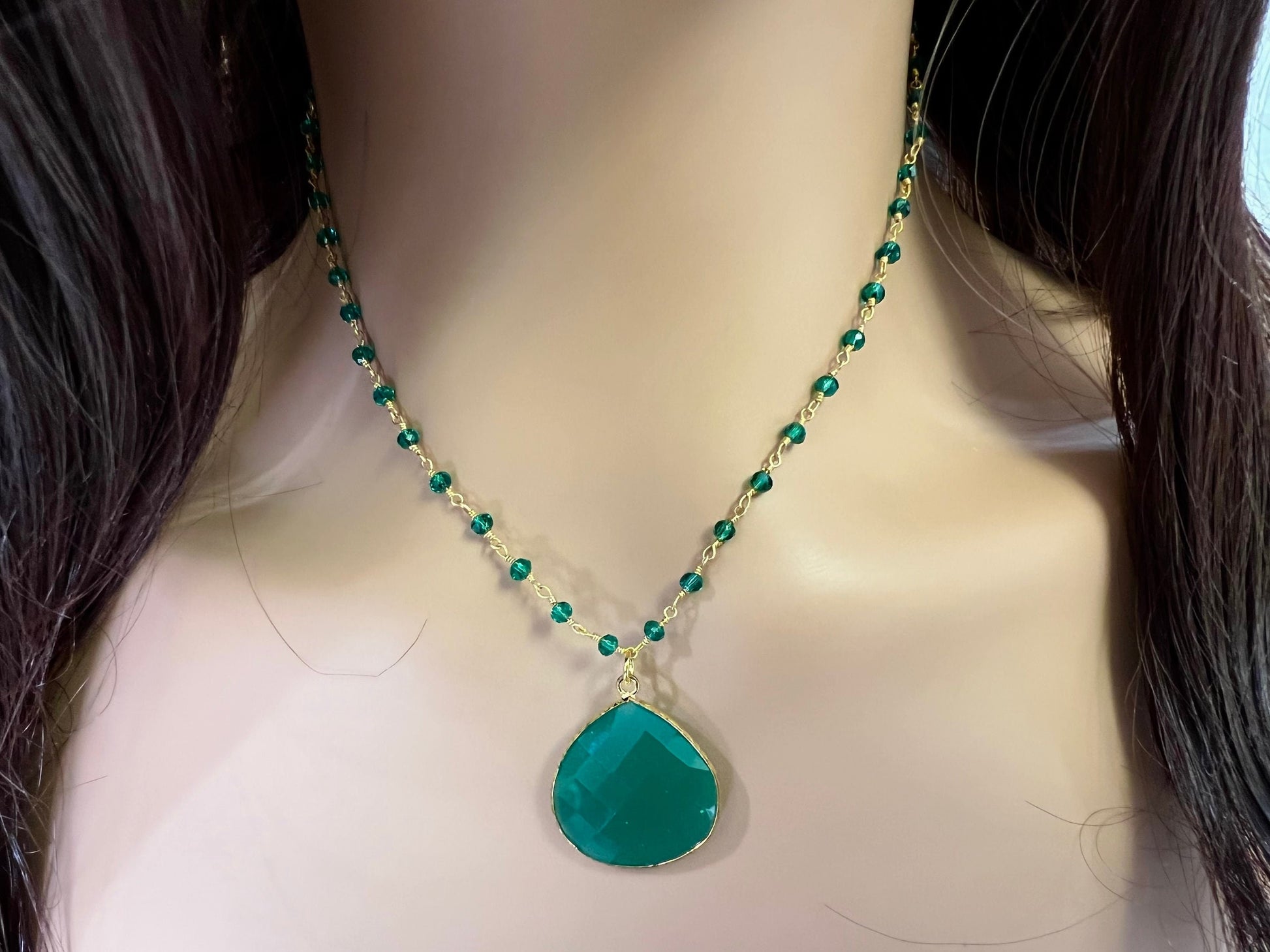 Genuine Green Onyx Bezel Teardrop Pendant with matching beaded wire wrapped rosary chain Necklace. Gift for her