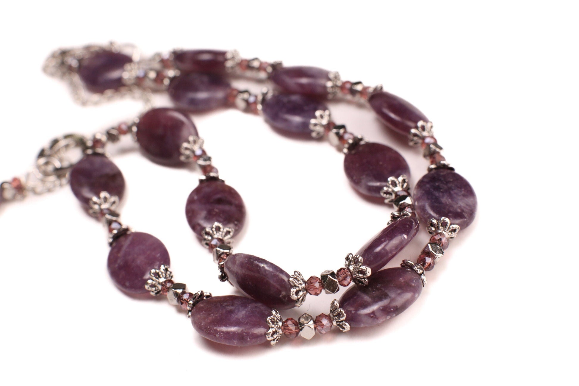 Lepidolite smooth oval 12x16mm with Bali style spacer Dangling Lepidolite rhodium pendant 18&quot; plus 4&quot; Extension natural gemstone Necklace