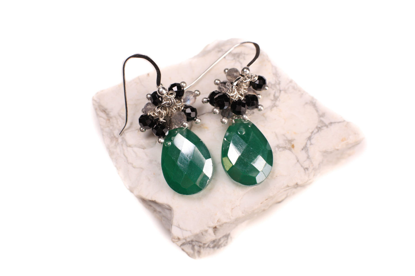 Genuine Green Onyx large drop mystic 12x16mm cluster with labradorite & black spinel wire wrapped 925 sterling silver earrings