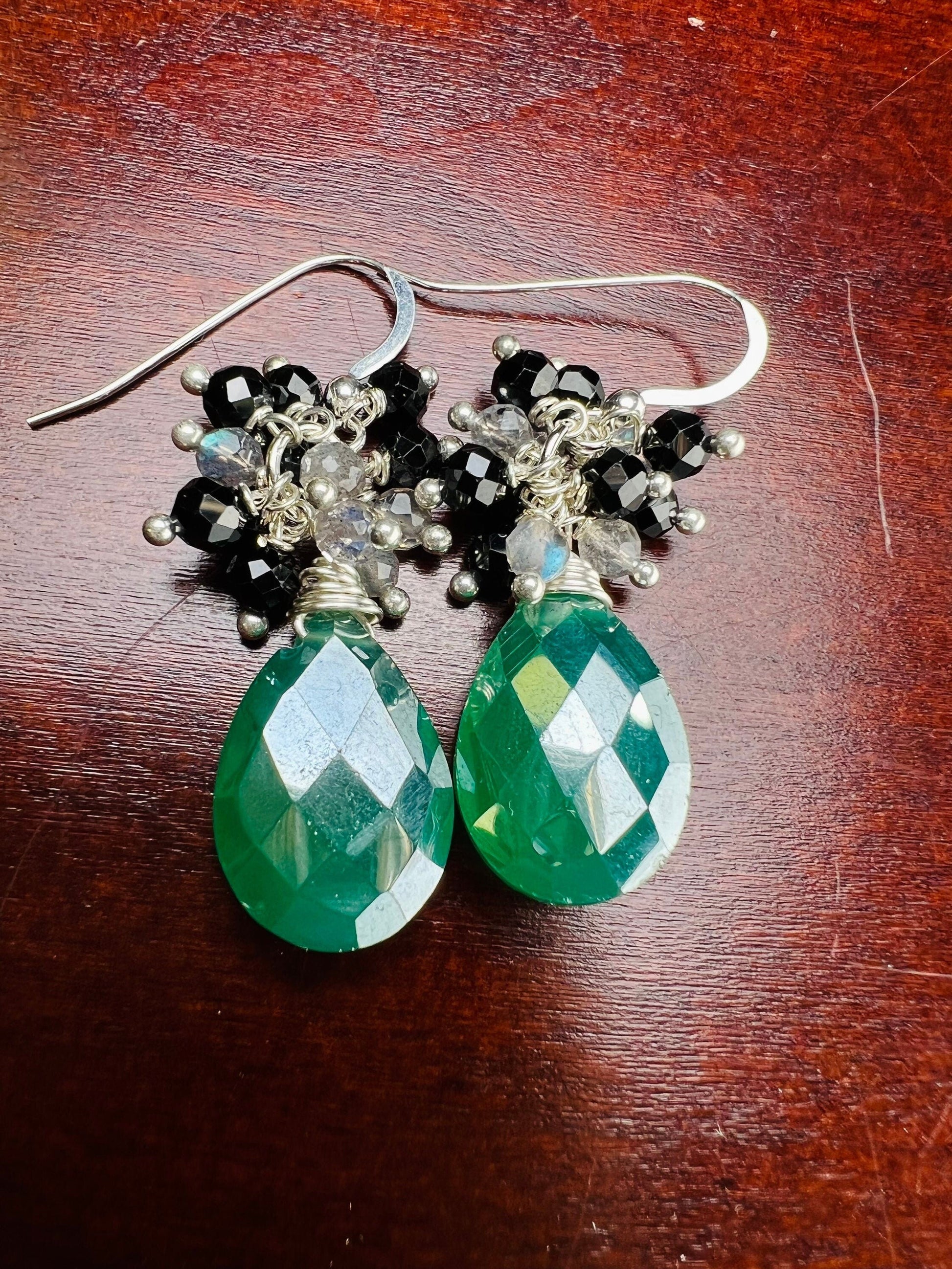 Genuine Green Onyx large drop mystic 12x16mm cluster with labradorite & black spinel wire wrapped 925 sterling silver earrings