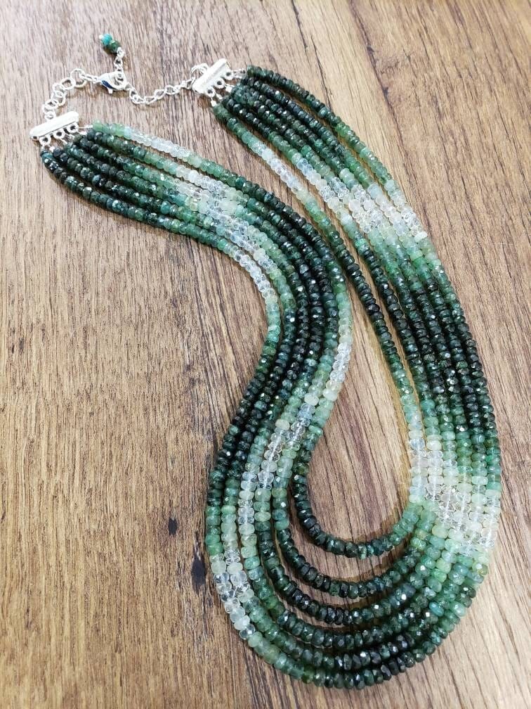 Natural Emerald Ombre Shaded 4-5mm large hand Faceted Roundel High Quality Bib Necklace with silver adjustable clasp,3 line 4 line, 6 line