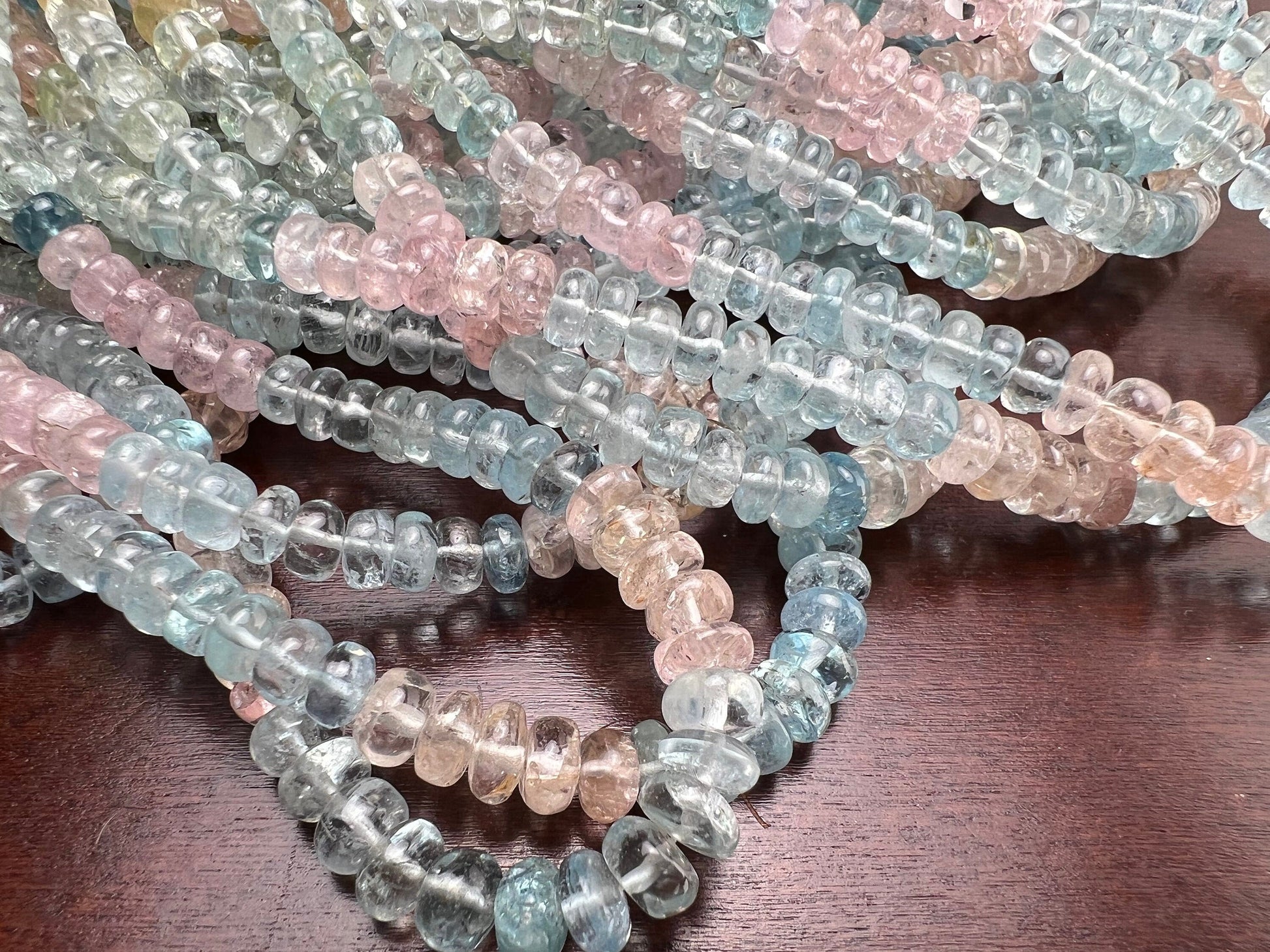 Multi Aquamarine, morganite Smooth roundel 4-6mm bead AAA quality natural multi aquamarine beads 8” ,16” strand