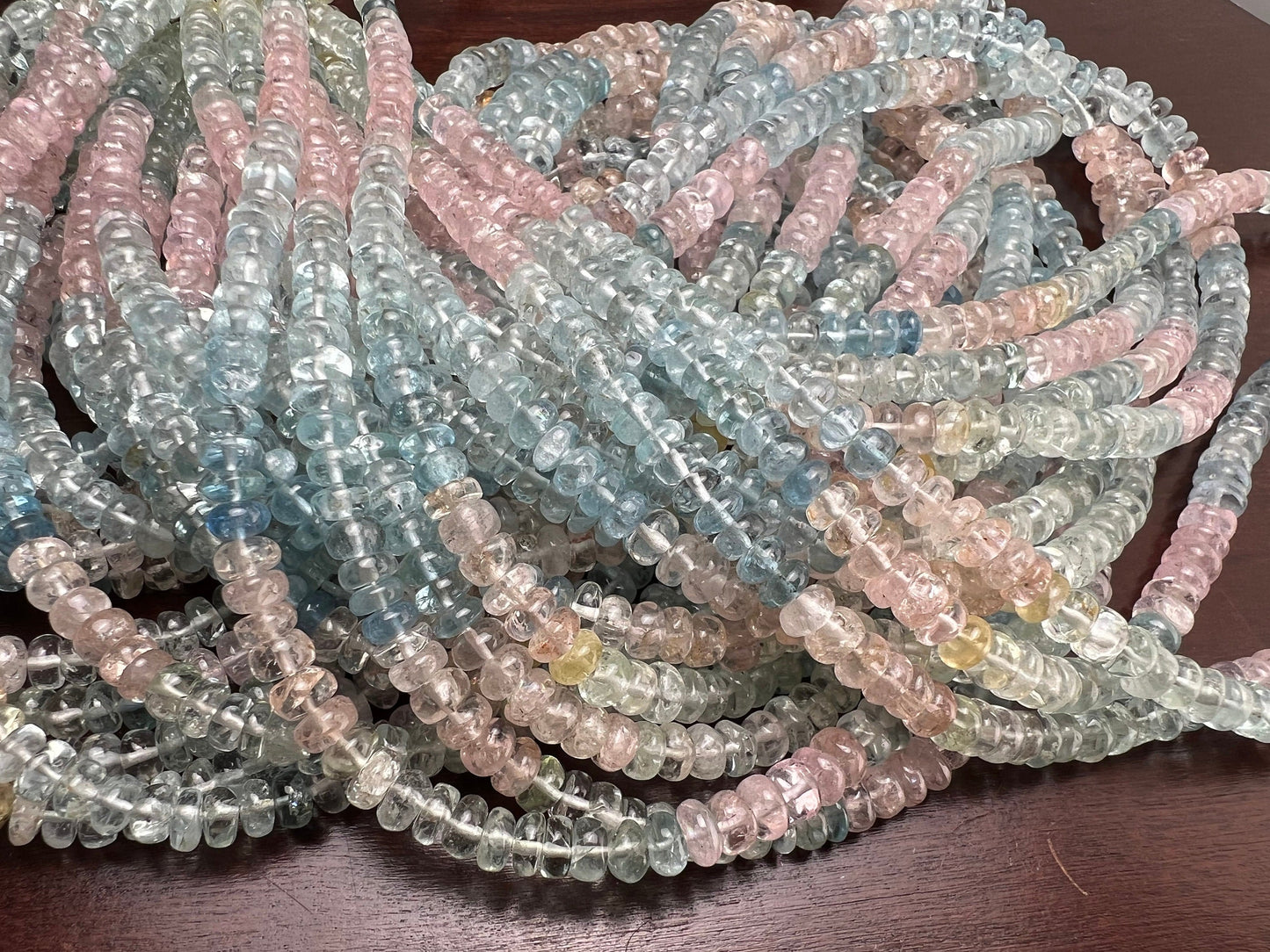 Multi Aquamarine, morganite Smooth roundel 4-6mm bead AAA quality natural multi aquamarine beads 8” ,16” strand