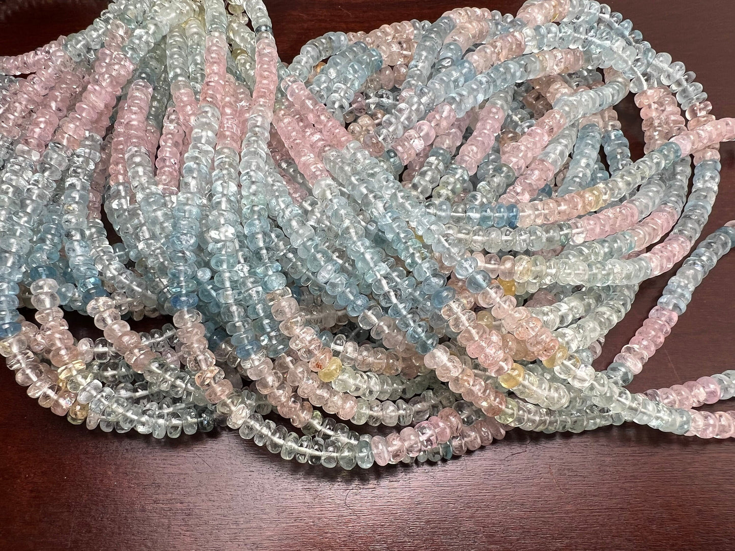 Multi Aquamarine, morganite Smooth roundel 4-6mm bead AAA quality natural multi aquamarine beads 8” ,16” strand