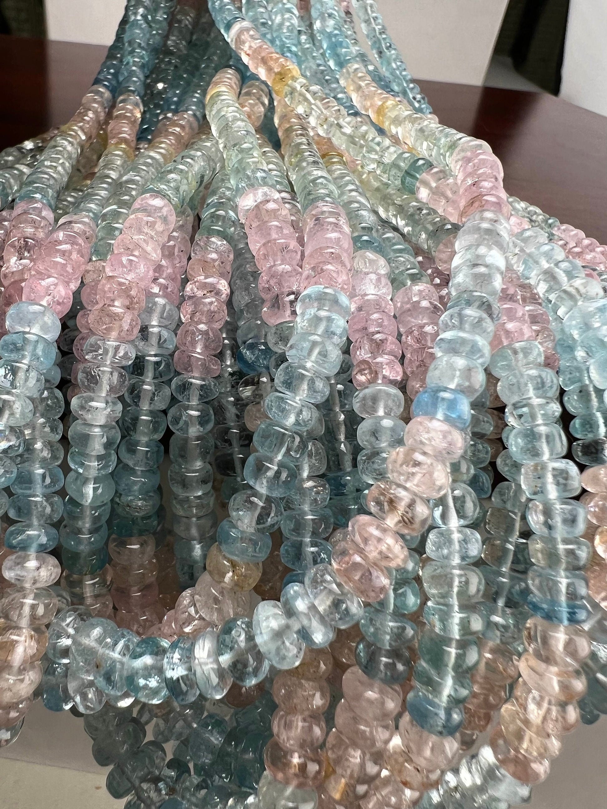 Multi Aquamarine, morganite Smooth roundel 4-6mm bead AAA quality natural multi aquamarine beads 8” ,16” strand