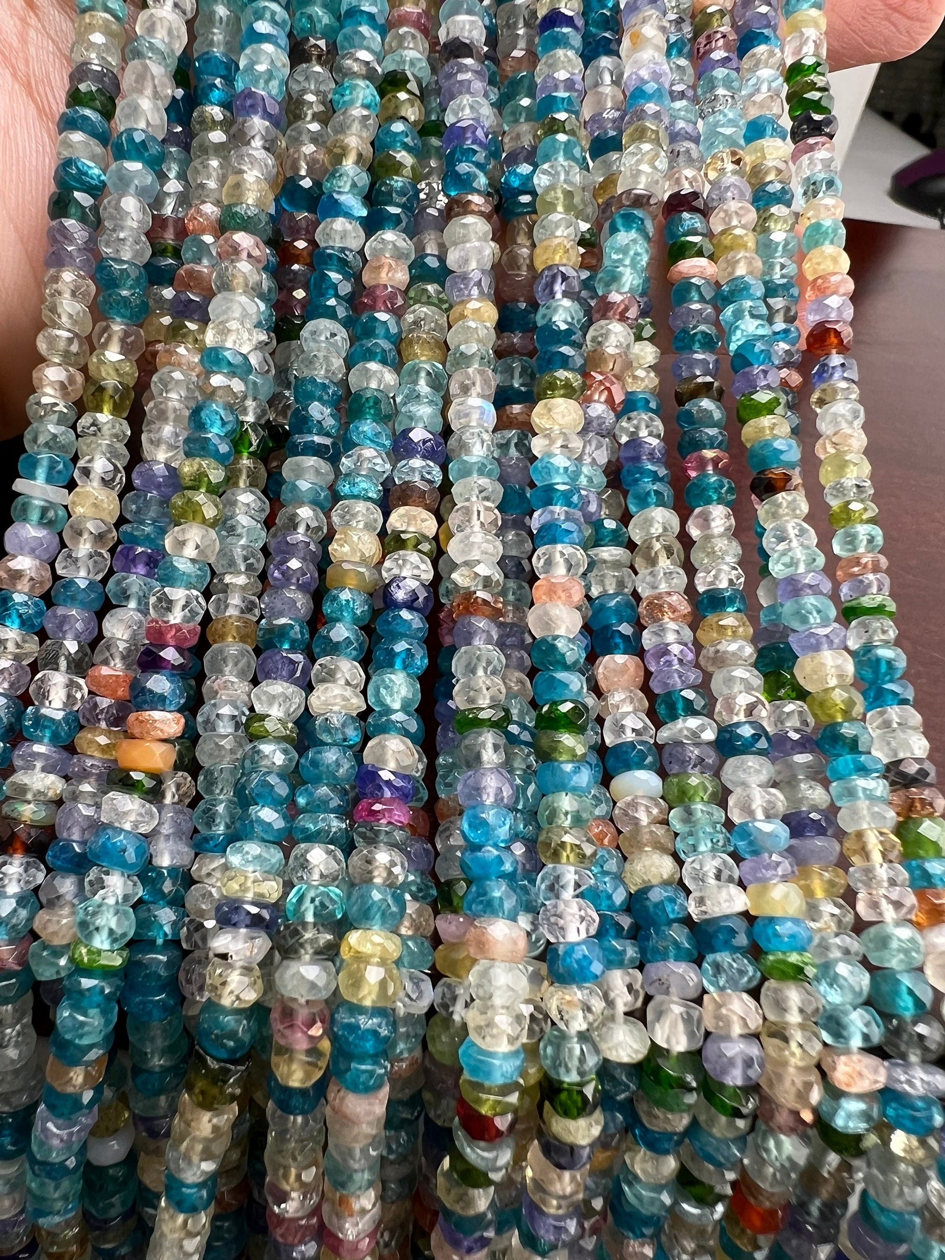 Natural Multi Gemstone Blue shaded 4-5mm roundel mix gems,Apatite aquamarine Moonstone sunshine gems .Beautiful ocean blue beads . 12.5” st