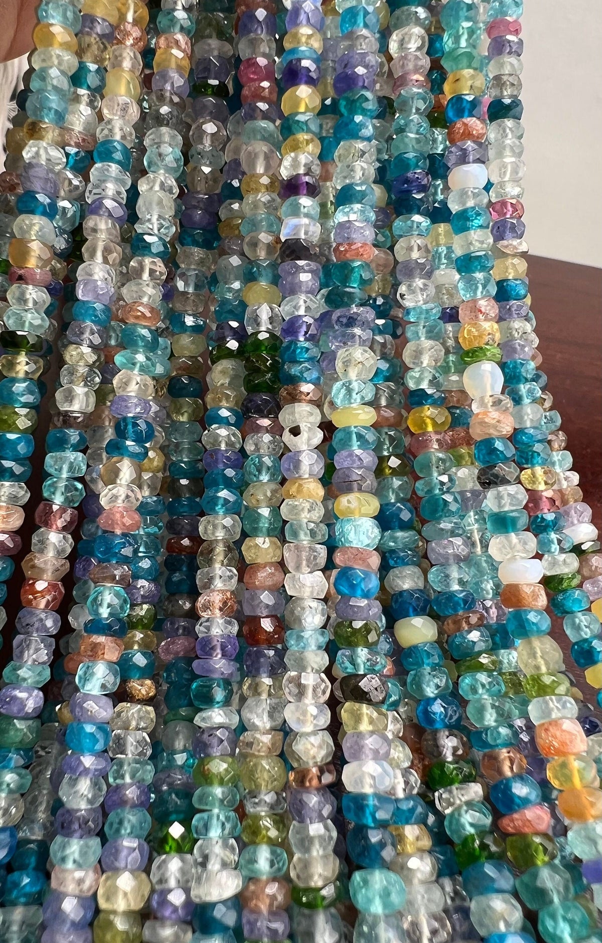 Natural Multi Gemstone Blue shaded 4-5mm roundel mix gems,Apatite aquamarine Moonstone sunshine gems .Beautiful ocean blue beads . 12.5” st