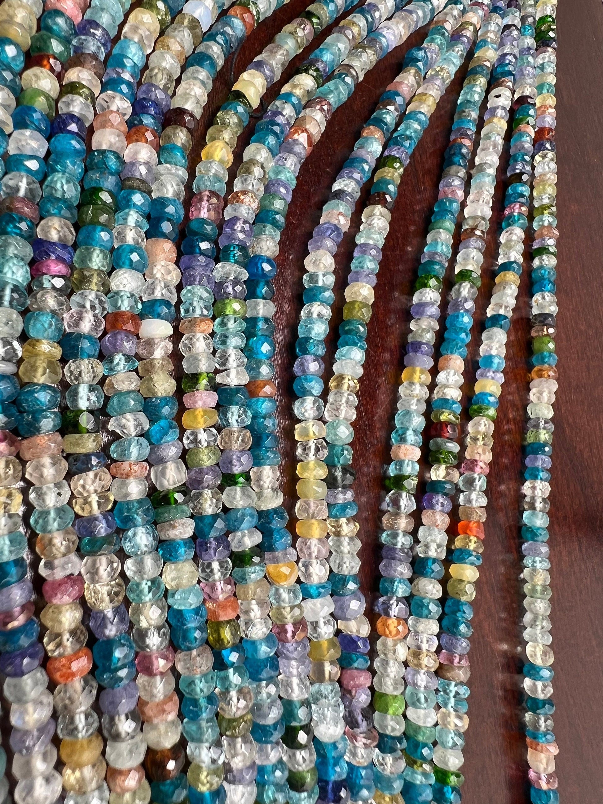 Natural Multi Gemstone Blue shaded 4-5mm roundel mix gems,Apatite aquamarine Moonstone sunshine gems .Beautiful ocean blue beads . 12.5” st