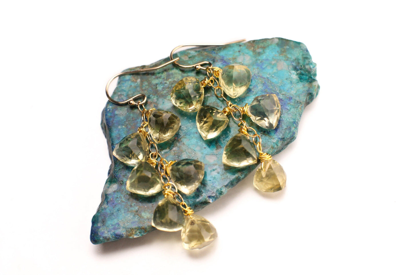 Natural Lemon Quartz Faceted Trillion Shape Briolette 7.5-8.5mm Wire Wrapped 14K Gold Filled Gemstone Dangling Earrings