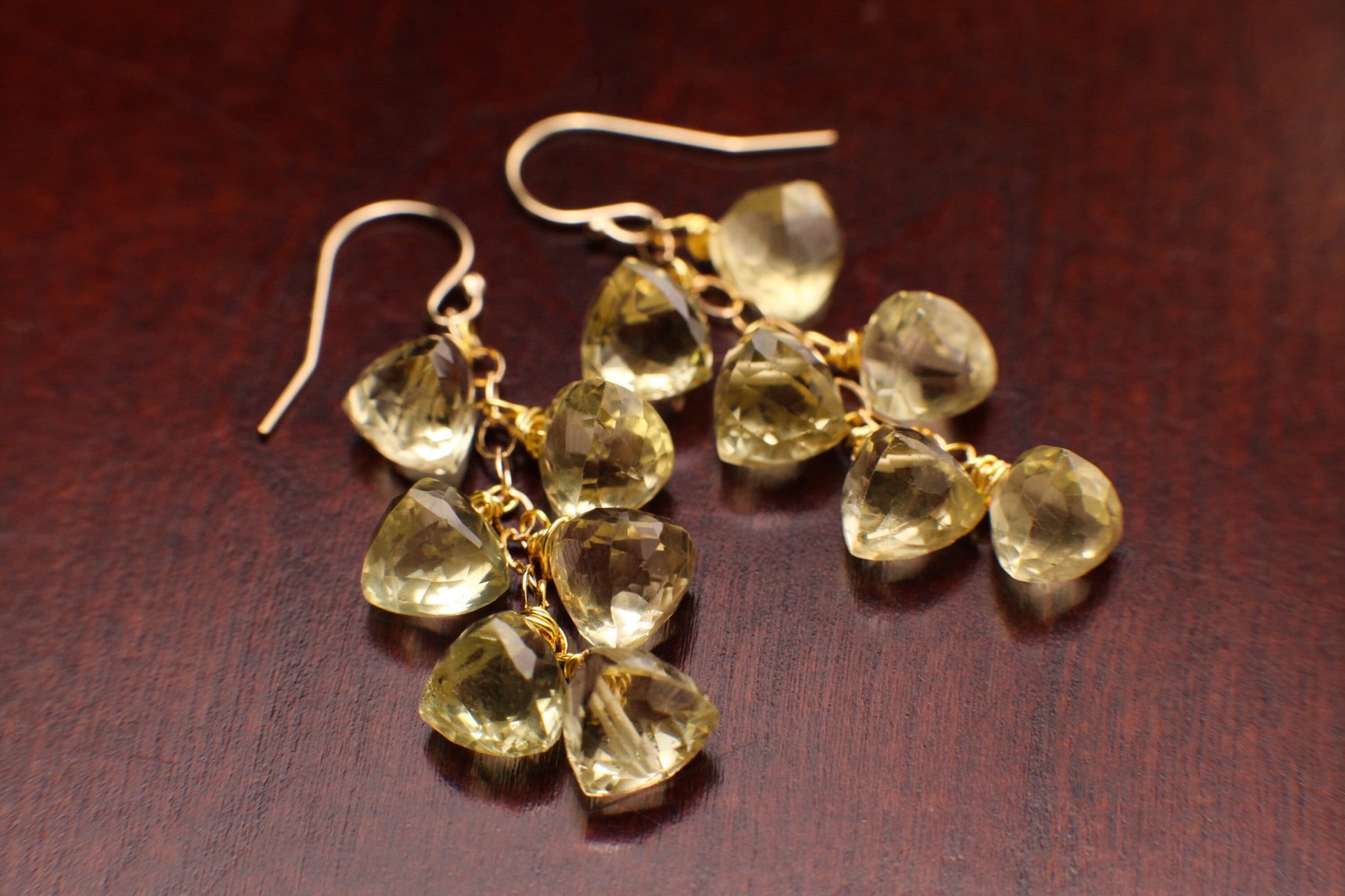 Natural Lemon Quartz Faceted Trillion Shape Briolette 7.5-8.5mm Wire Wrapped 14K Gold Filled Gemstone Dangling Earrings