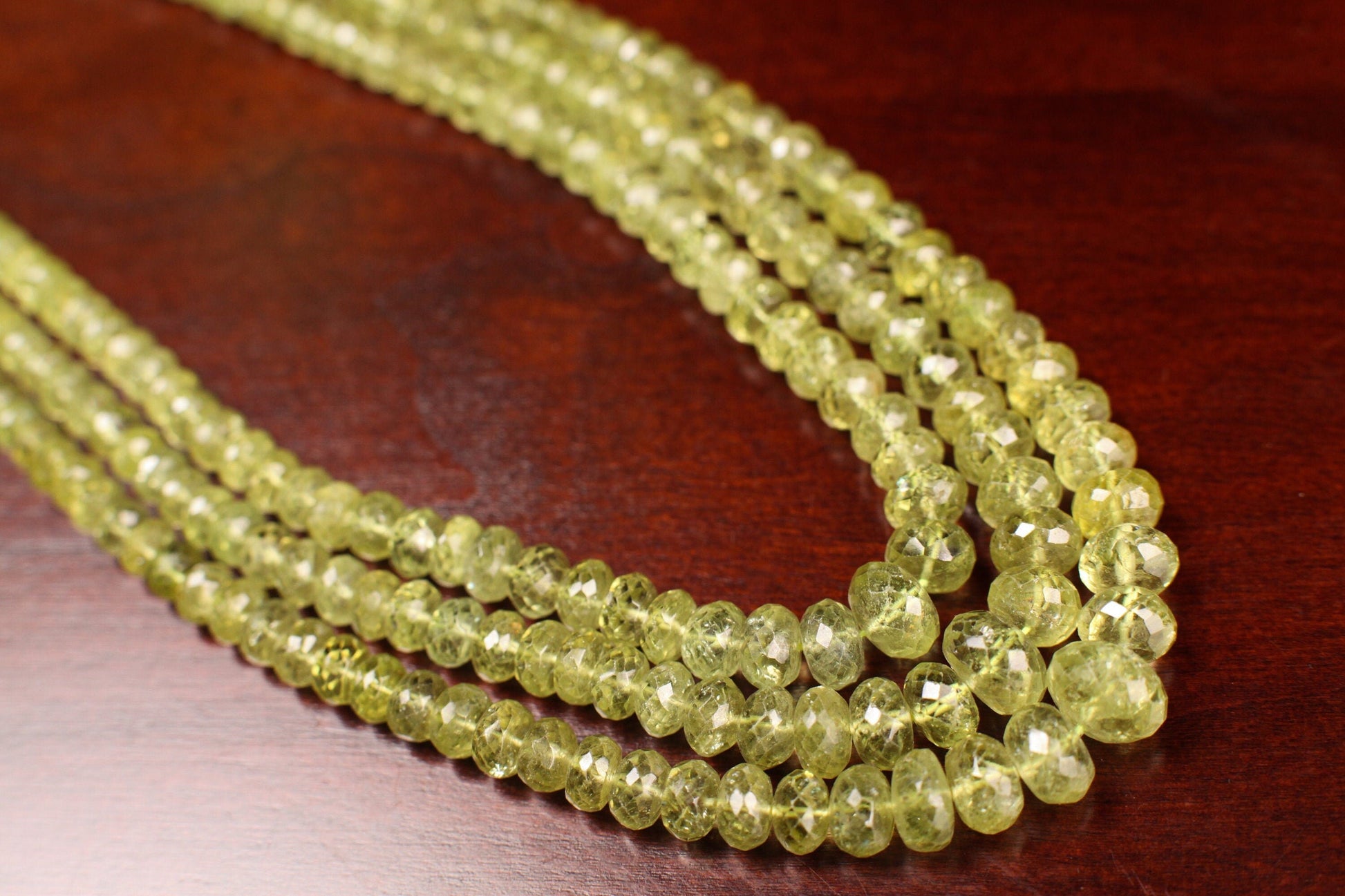 Genuine Green Garnet, Grossular Garnet Graduated 4-10.5mm Faceted Roundel High Quality Necklace with Silver adjustable 3 Line Bar Clasp