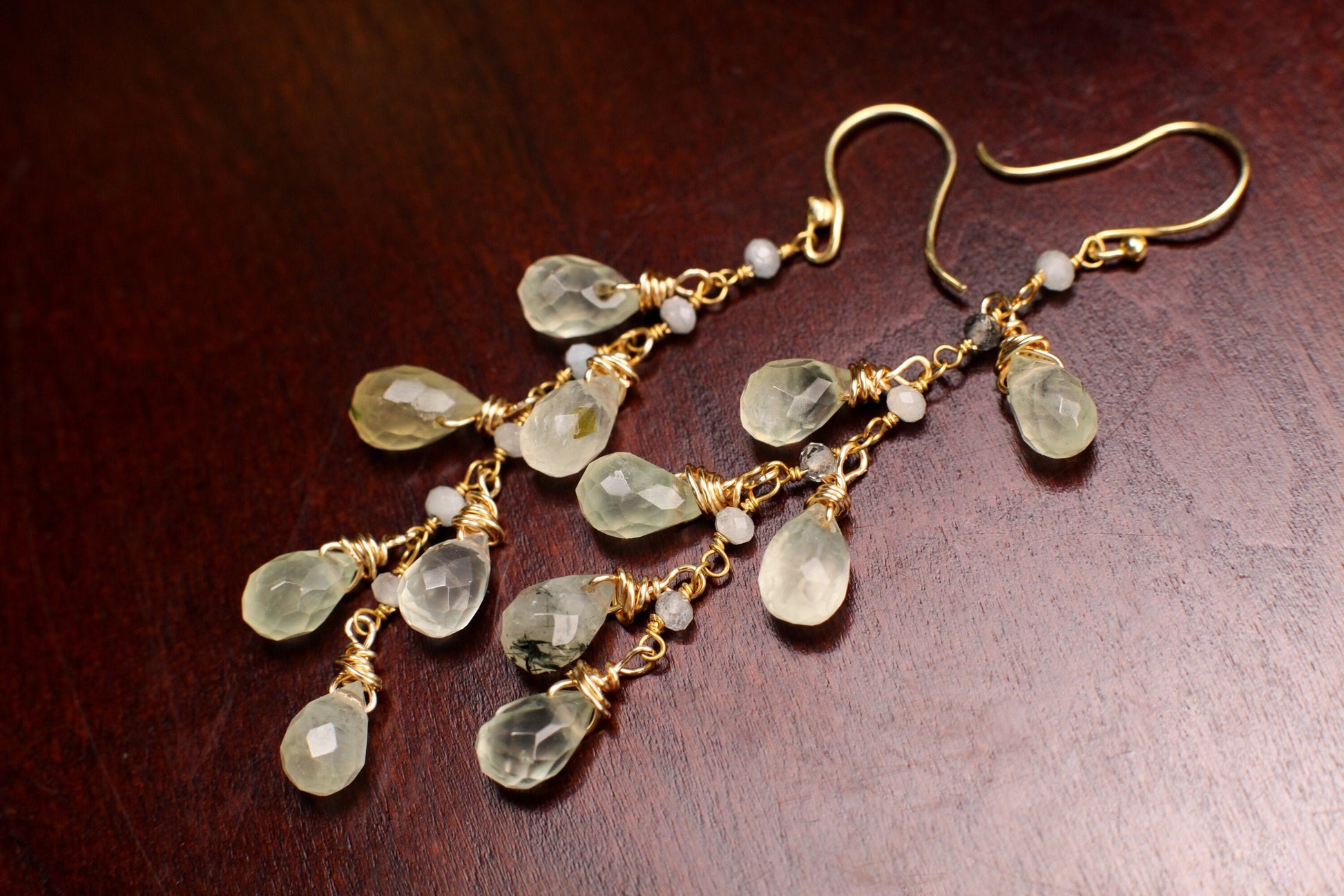 Natural Prehnite, Tourmalinated Quartz 7x11 Faceted Briolette wire wrapped gold vermeil cascade Handmade earring