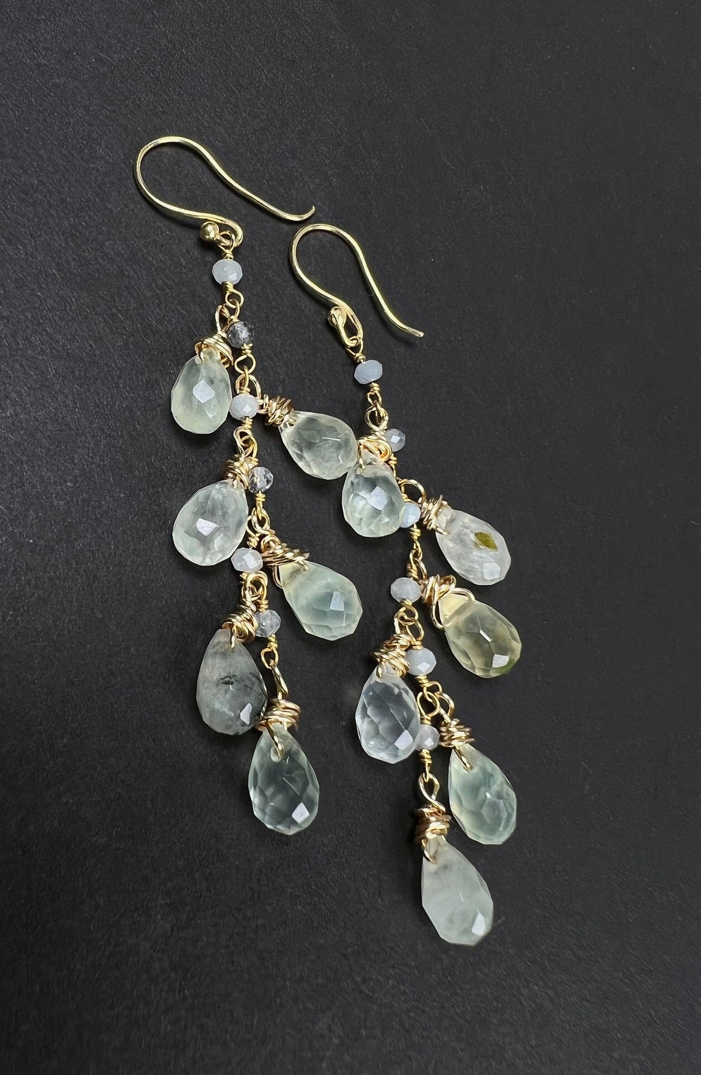 Natural Prehnite, Tourmalinated Quartz 7x11 Faceted Briolette wire wrapped gold vermeil cascade Handmade earring