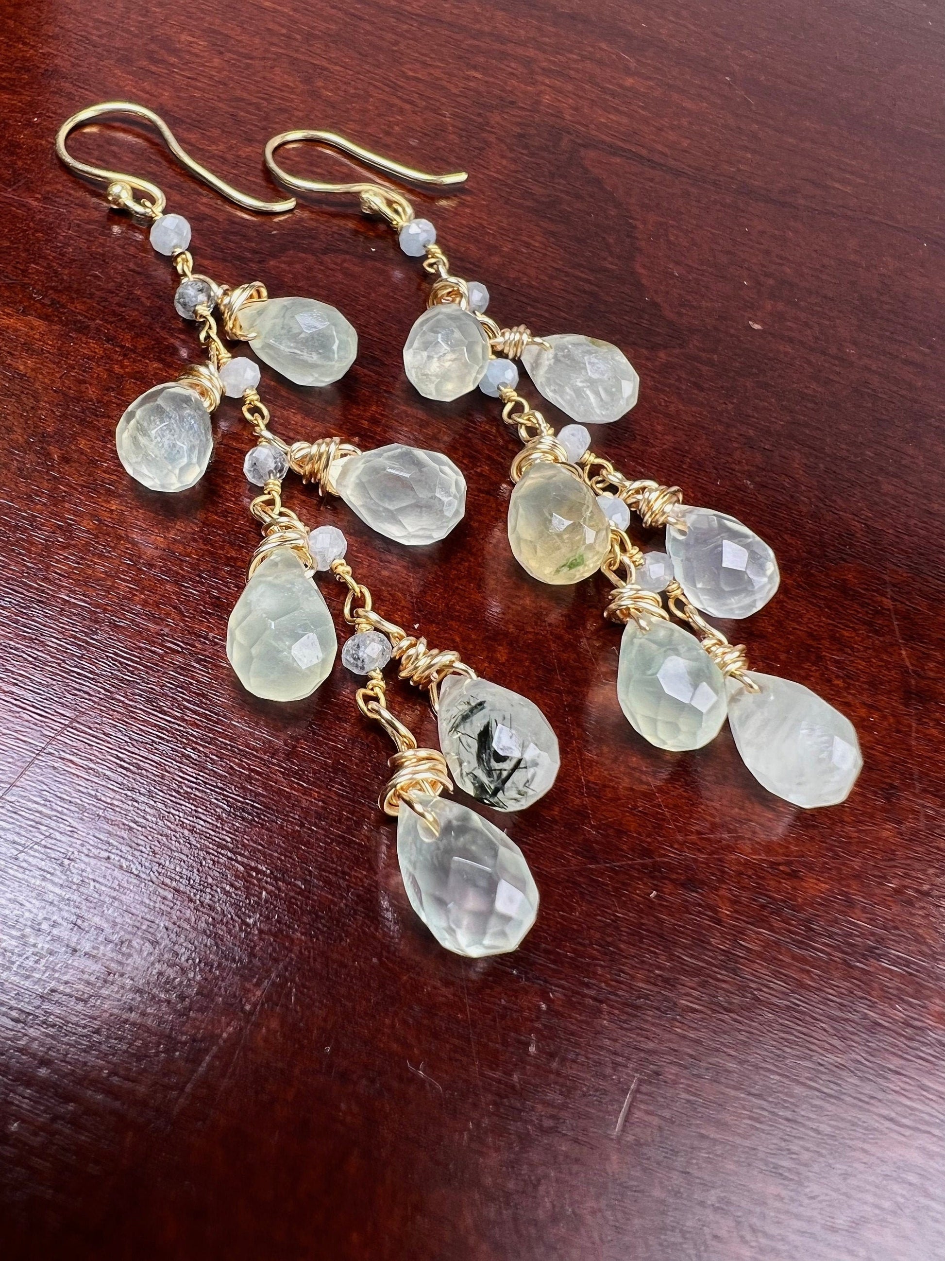 Natural Prehnite, Tourmalinated Quartz 7x11 Faceted Briolette wire wrapped gold vermeil cascade Handmade earring