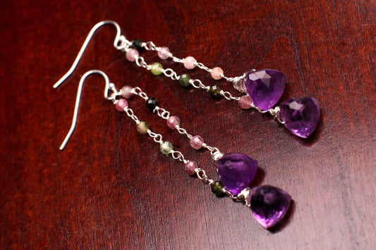 Natural Amethyst Trillion 8mm faceted dangling with Watermelon Tourmaline 925 sterling silver Earrings Handmade Gift