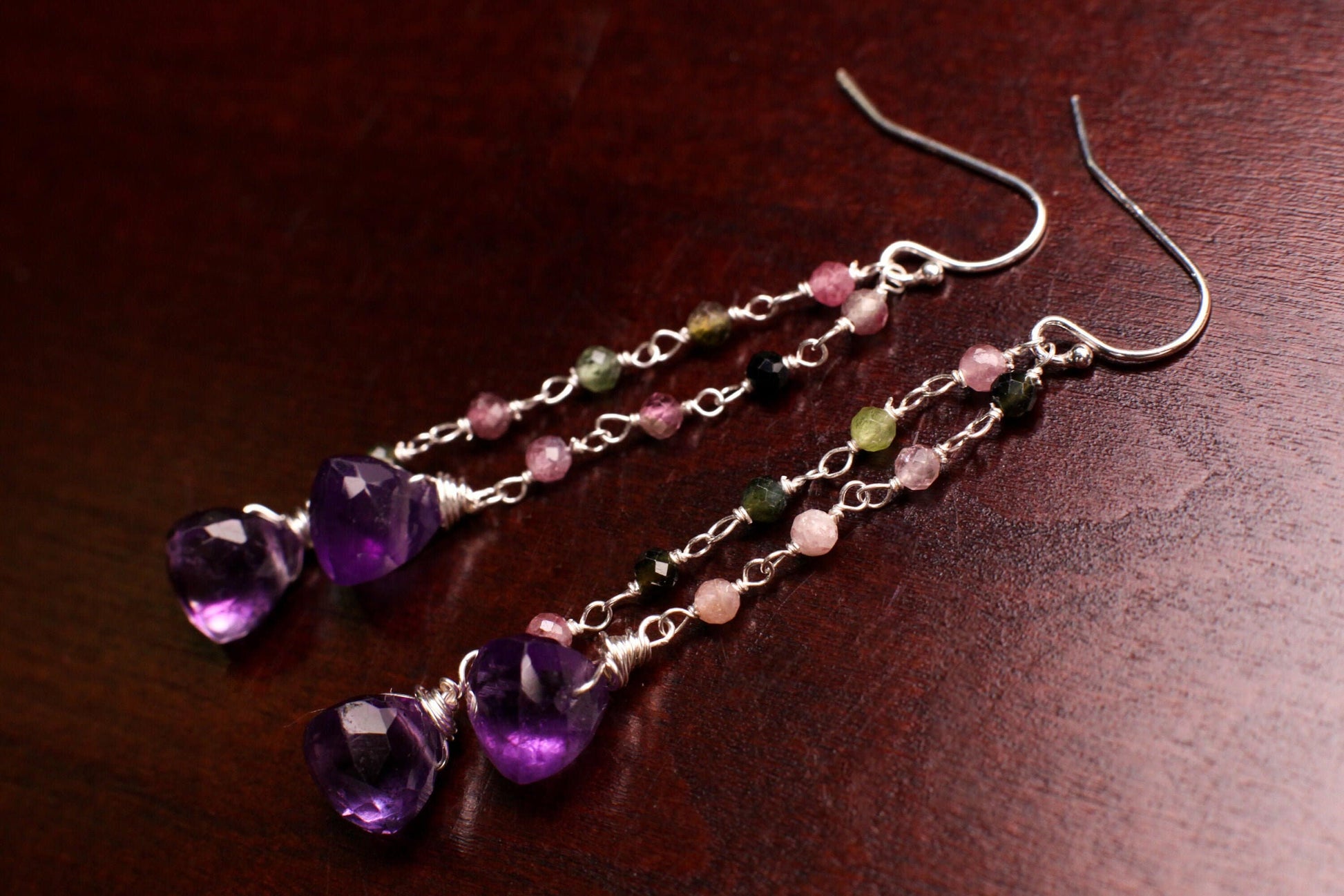 Natural Amethyst Trillion 8mm faceted dangling with Watermelon Tourmaline 925 sterling silver Earrings Handmade Gift