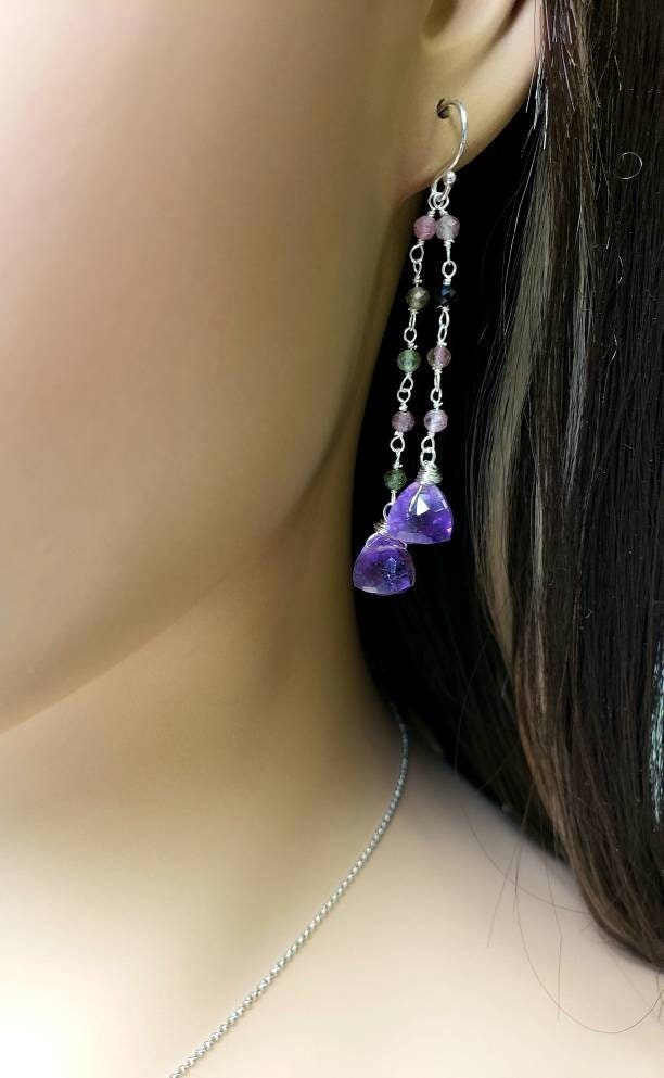 Natural Amethyst Trillion 8mm faceted dangling with Watermelon Tourmaline 925 sterling silver Earrings Handmade Gift