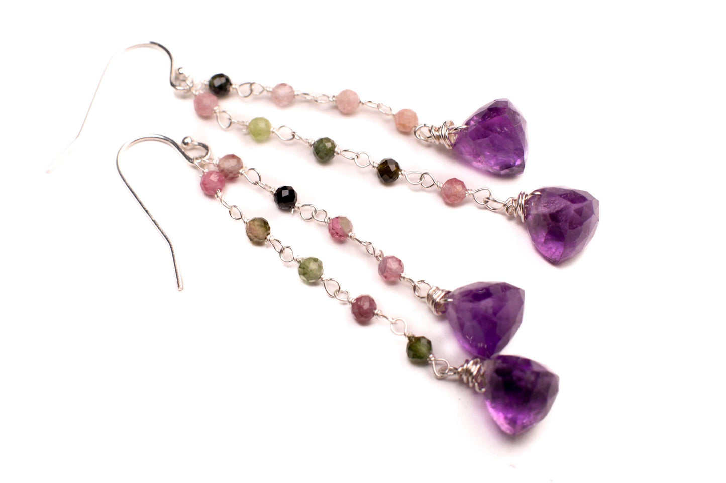 Natural Amethyst Trillion 8mm faceted dangling with Watermelon Tourmaline 925 sterling silver Earrings Handmade Gift