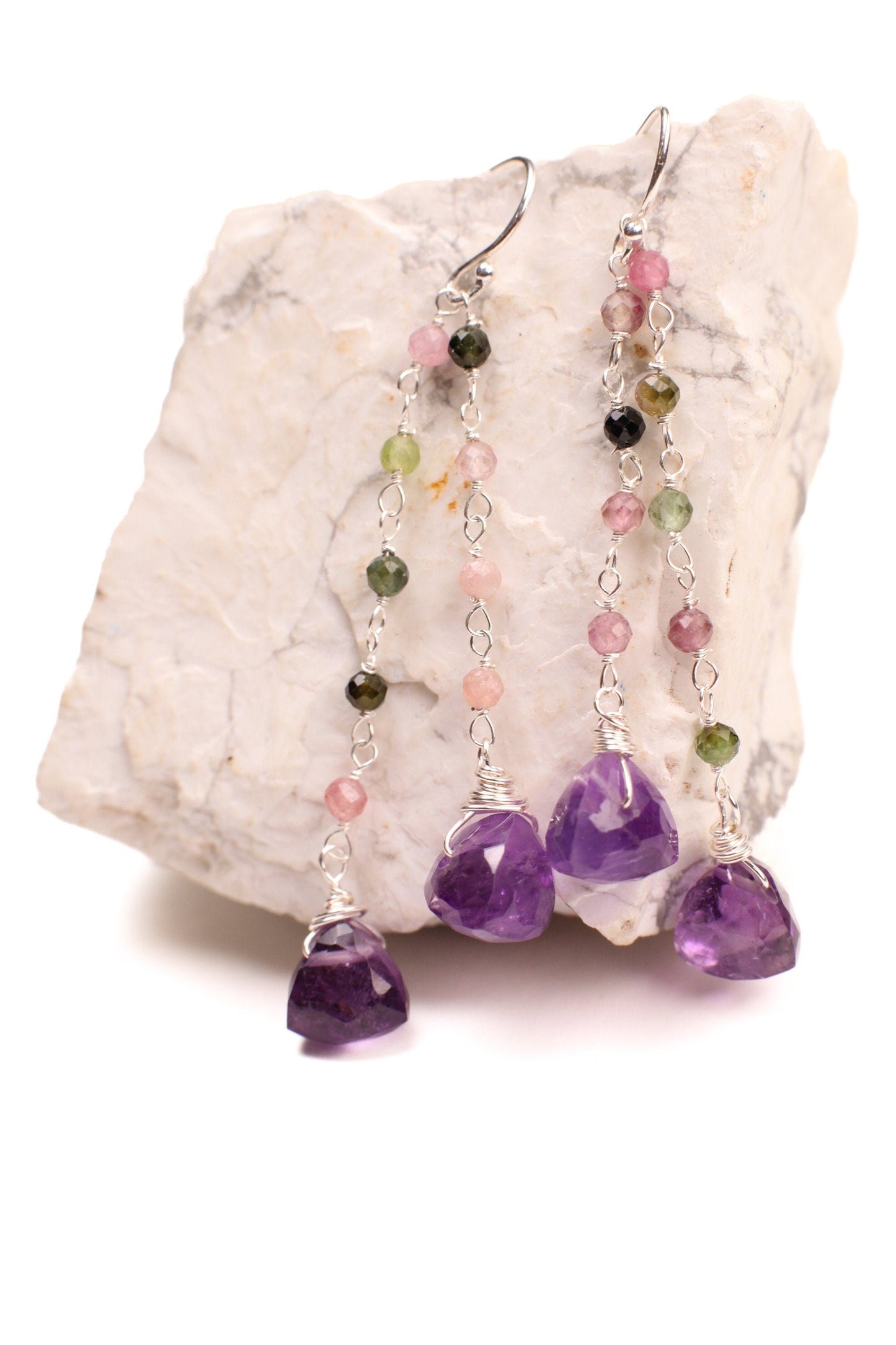 Natural Amethyst Trillion 8mm faceted dangling with Watermelon Tourmaline 925 sterling silver Earrings Handmade Gift