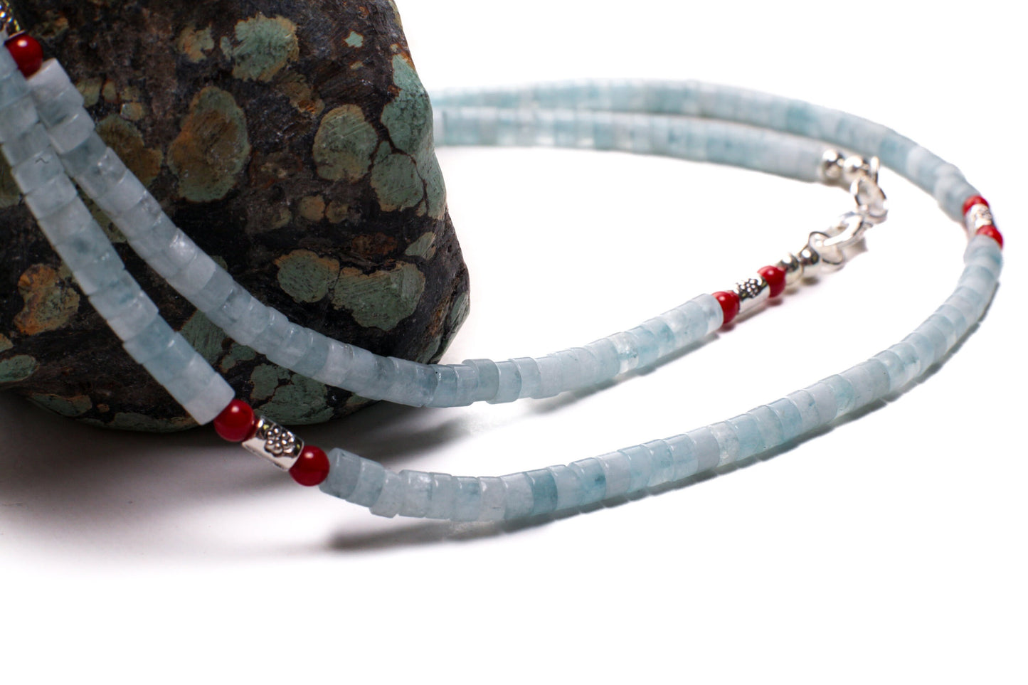 Natural Amazonite smooth Heishi 4mm, Coral and Bali style spacer Silver Necklace, for Men and Women.