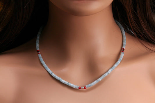 Natural Amazonite smooth Heishi 4mm, Coral and Bali style spacer Silver Necklace, for Men and Women.