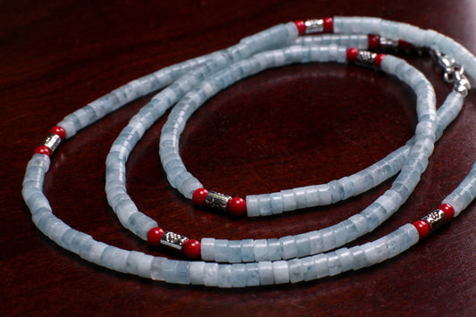 Natural Amazonite smooth Heishi 4mm, Coral and Bali style spacer Silver Necklace, for Men and Women.