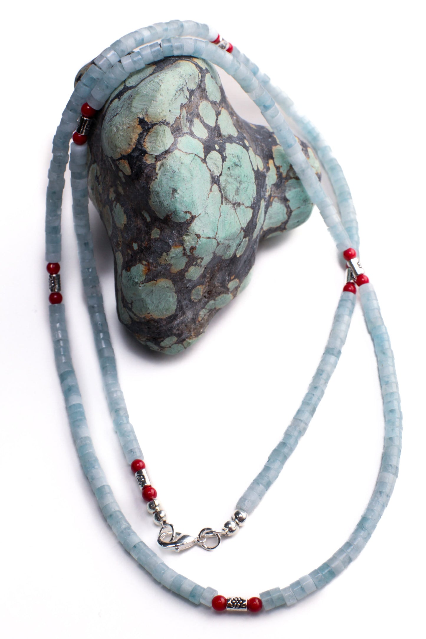 Natural Amazonite smooth Heishi 4mm, Coral and Bali style spacer Silver Necklace, for Men and Women.