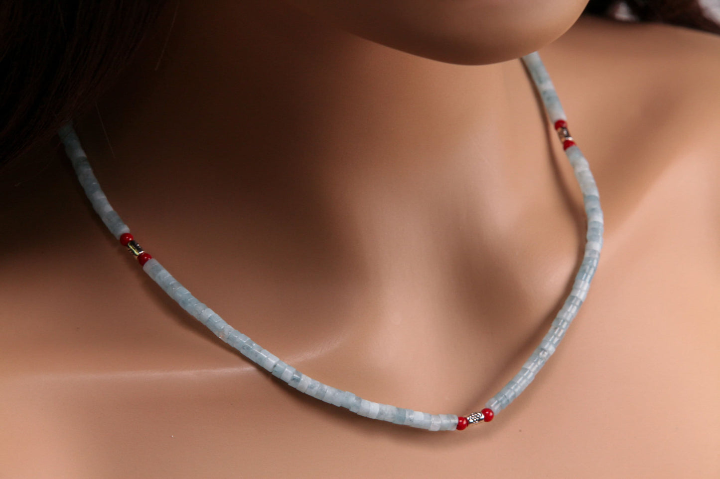 Natural Amazonite smooth Heishi 4mm, Coral and Bali style spacer Silver Necklace, for Men and Women.