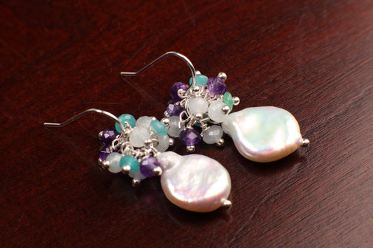 Freshwater Coin Pearl earring 12-13mm cluster with Apatite, Aquamarine, Amethyst wire wrapped 925 sterling silver earrings