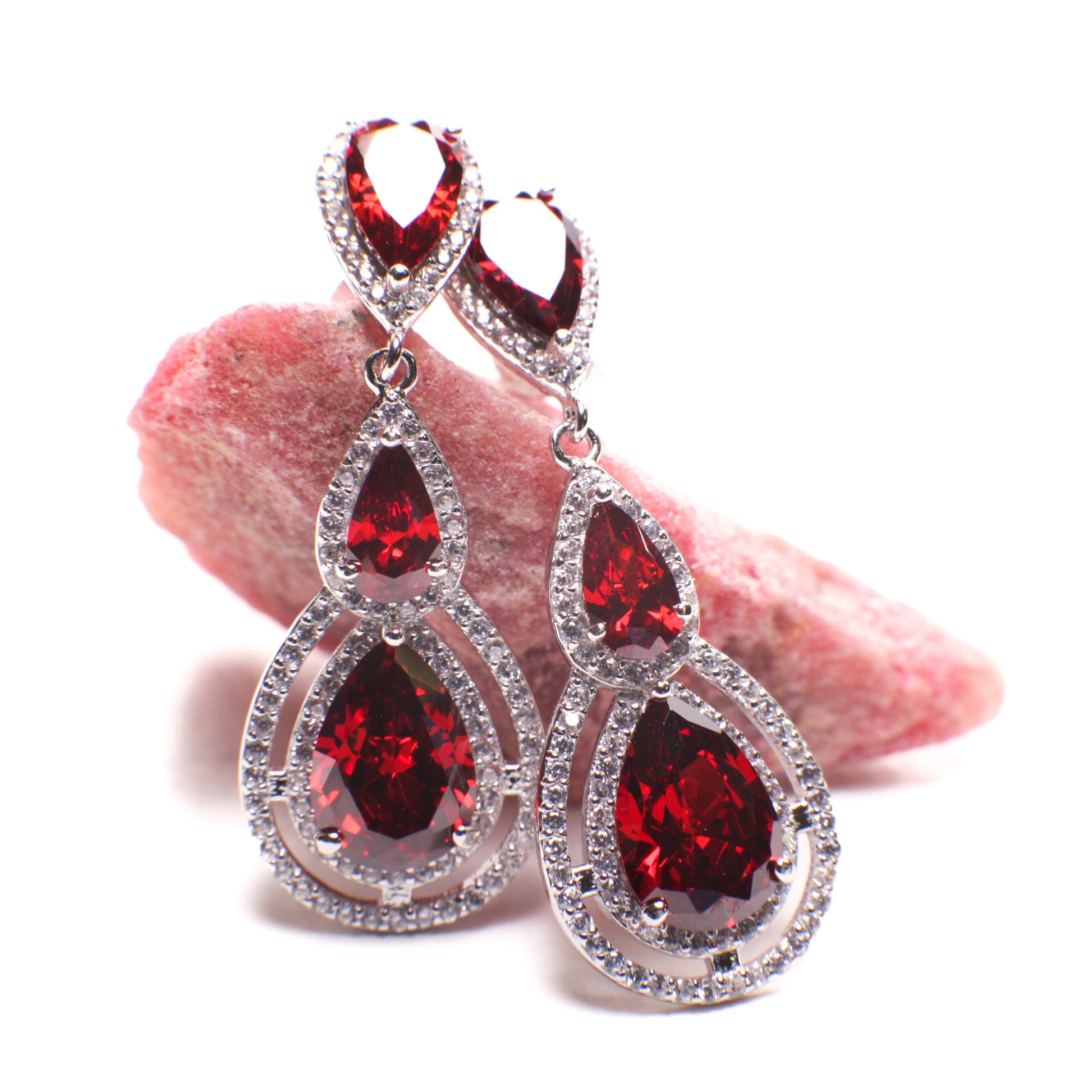 925 Sterling Silver Mozambique Garnet Teadrop 14x37mm dangling on Cubic Zirconia Teardrop Earrings, 925 stamped, gift for her