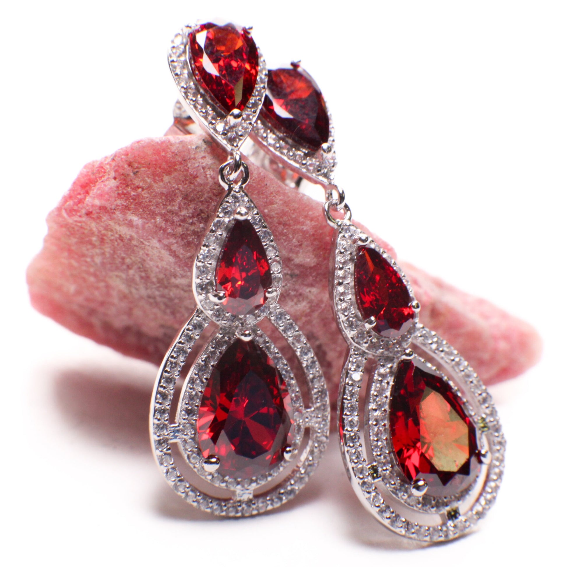 925 Sterling Silver Mozambique Garnet Teadrop 14x37mm dangling on Cubic Zirconia Teardrop Earrings, 925 stamped, gift for her