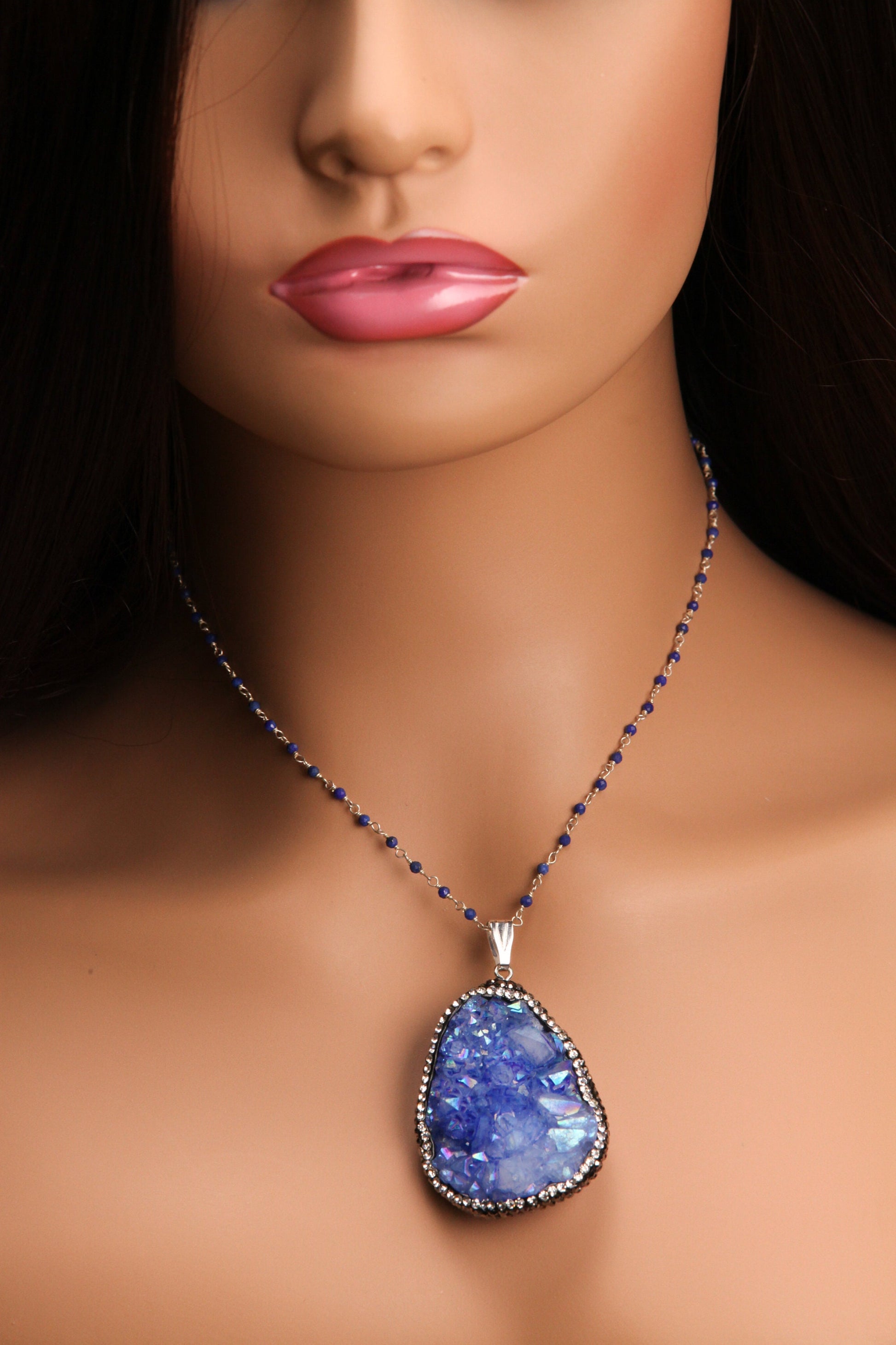 Natural Druzy Agate Auroa Borealis Blue Geode Pendant 36x48mm Handmade Rhinestone and Lapis Gemstone Chain Oxidized Sterling Silver Necklace