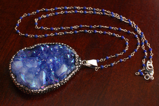 Natural Druzy Agate Auroa Borealis Blue Geode Pendant 36x48mm Handmade Rhinestone and Lapis Gemstone Chain Oxidized Sterling Silver Necklace